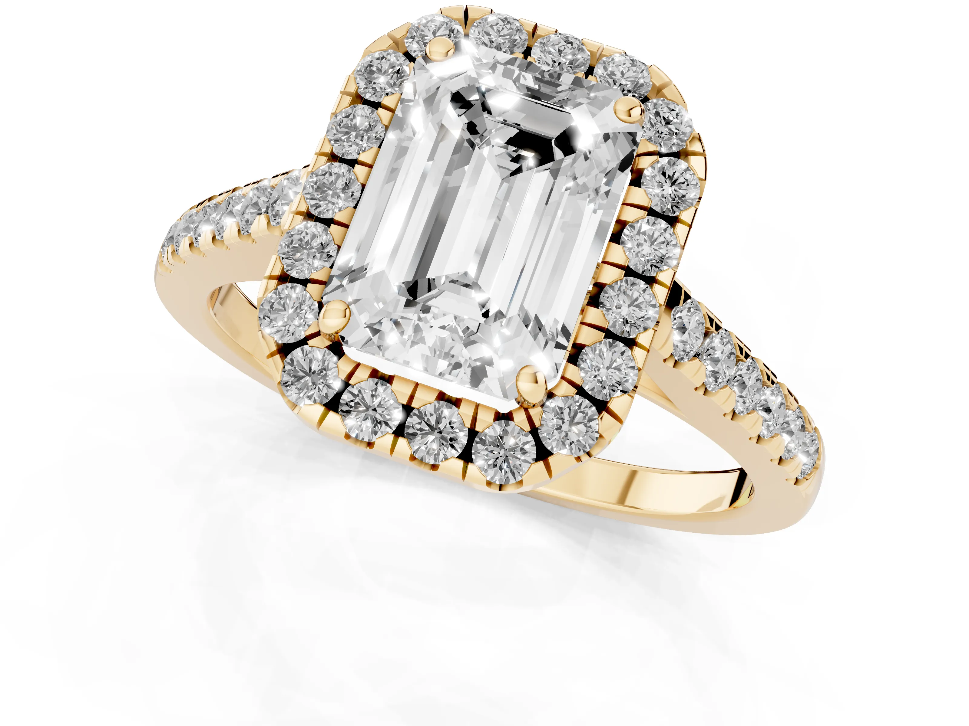 Emerald Cut Diamond Halo Pavé Engagement Ring Set in Yellow gold with Prong Setting