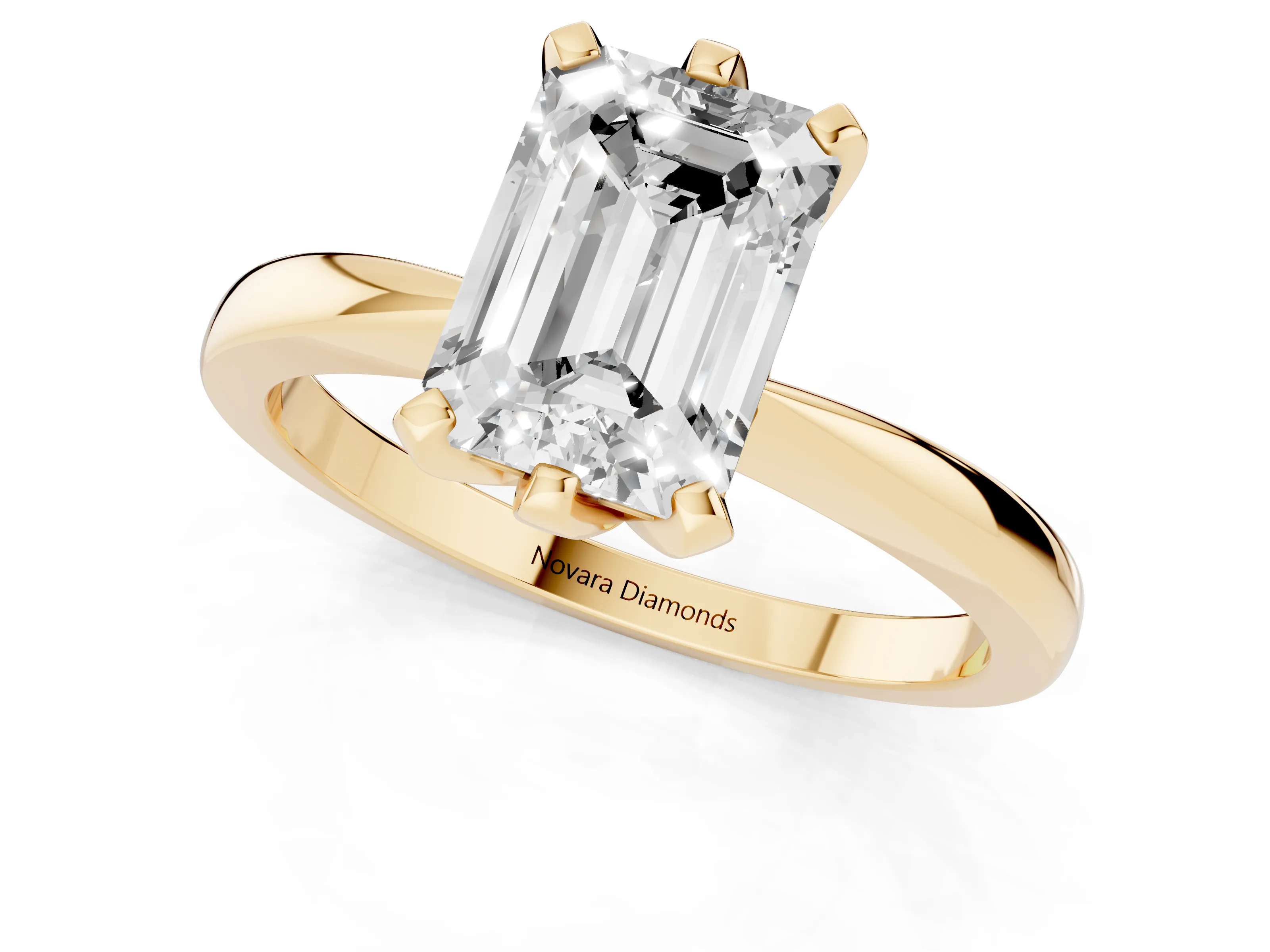 Emerald Cut Diamond Solitaire Engagement Ring Set in Yellow gold with Slim Tapered Solitaire Band