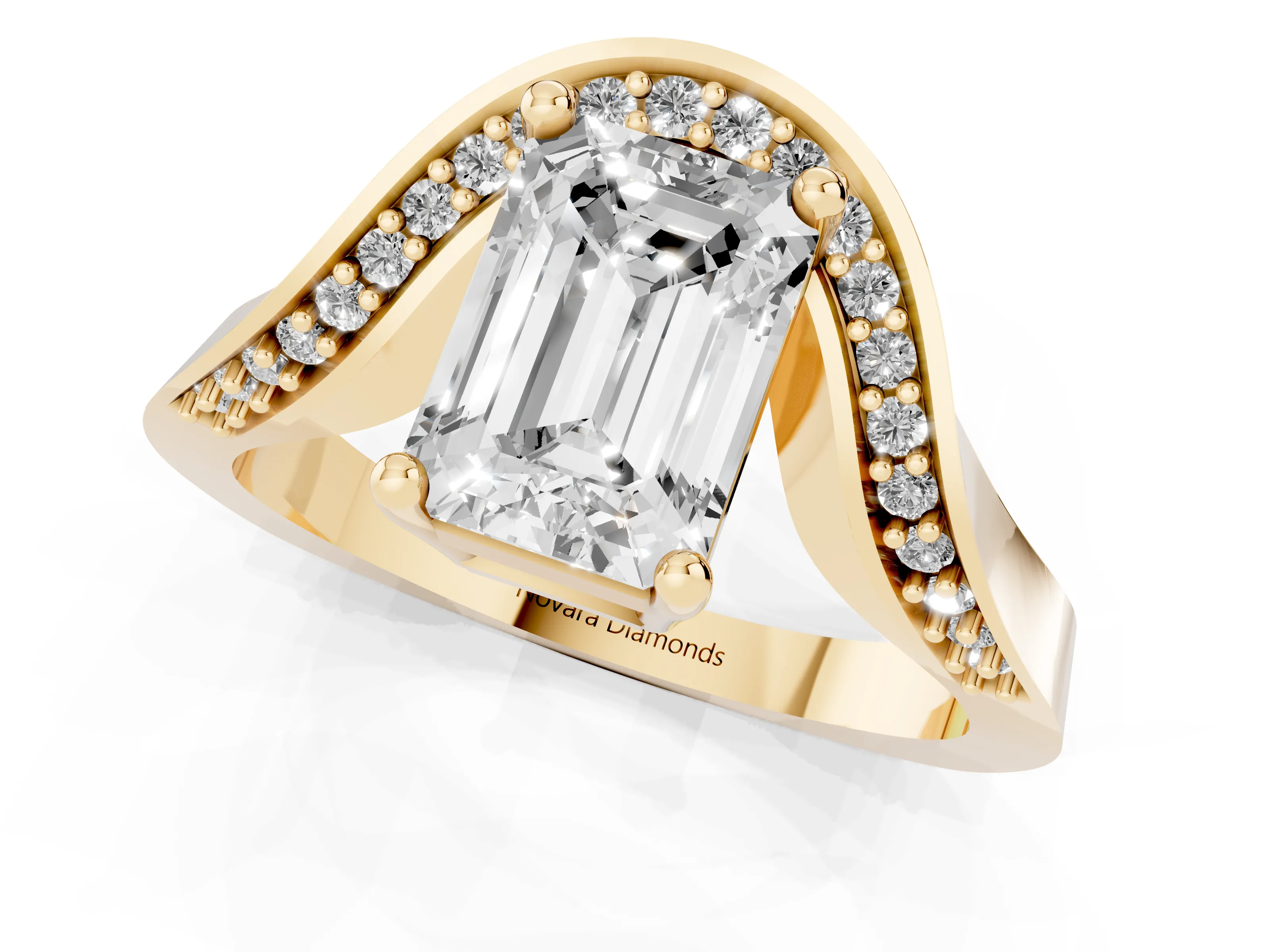 Emerald Cut Diamond Solitaire Engagement Ring Set in Yellow gold with Pavé Shoulders