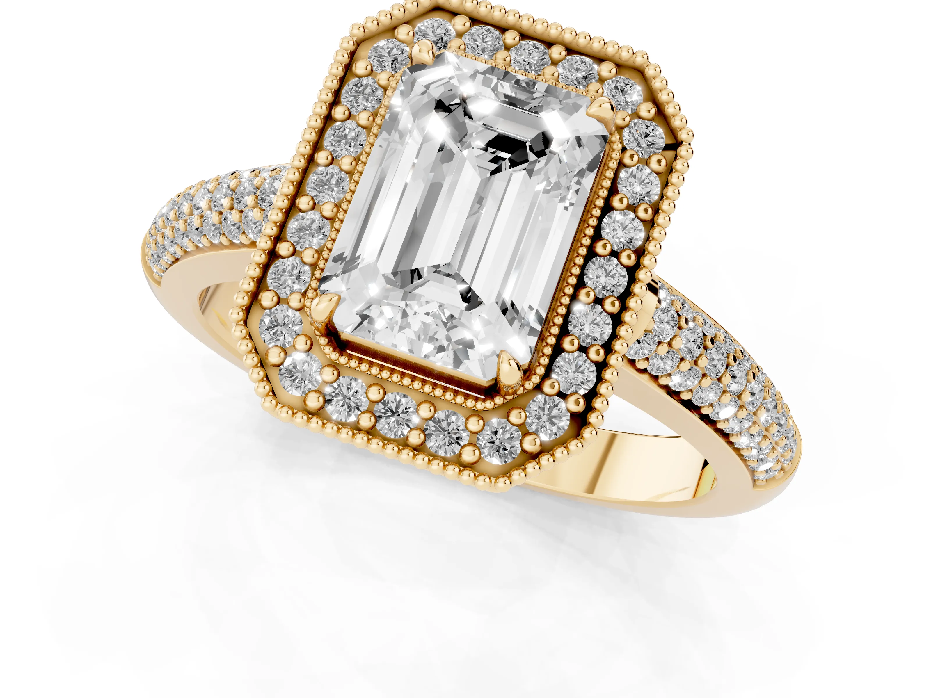 Emerald Cut Diamond Halo Pavé Band Set in Yellow gold with Prong Setting