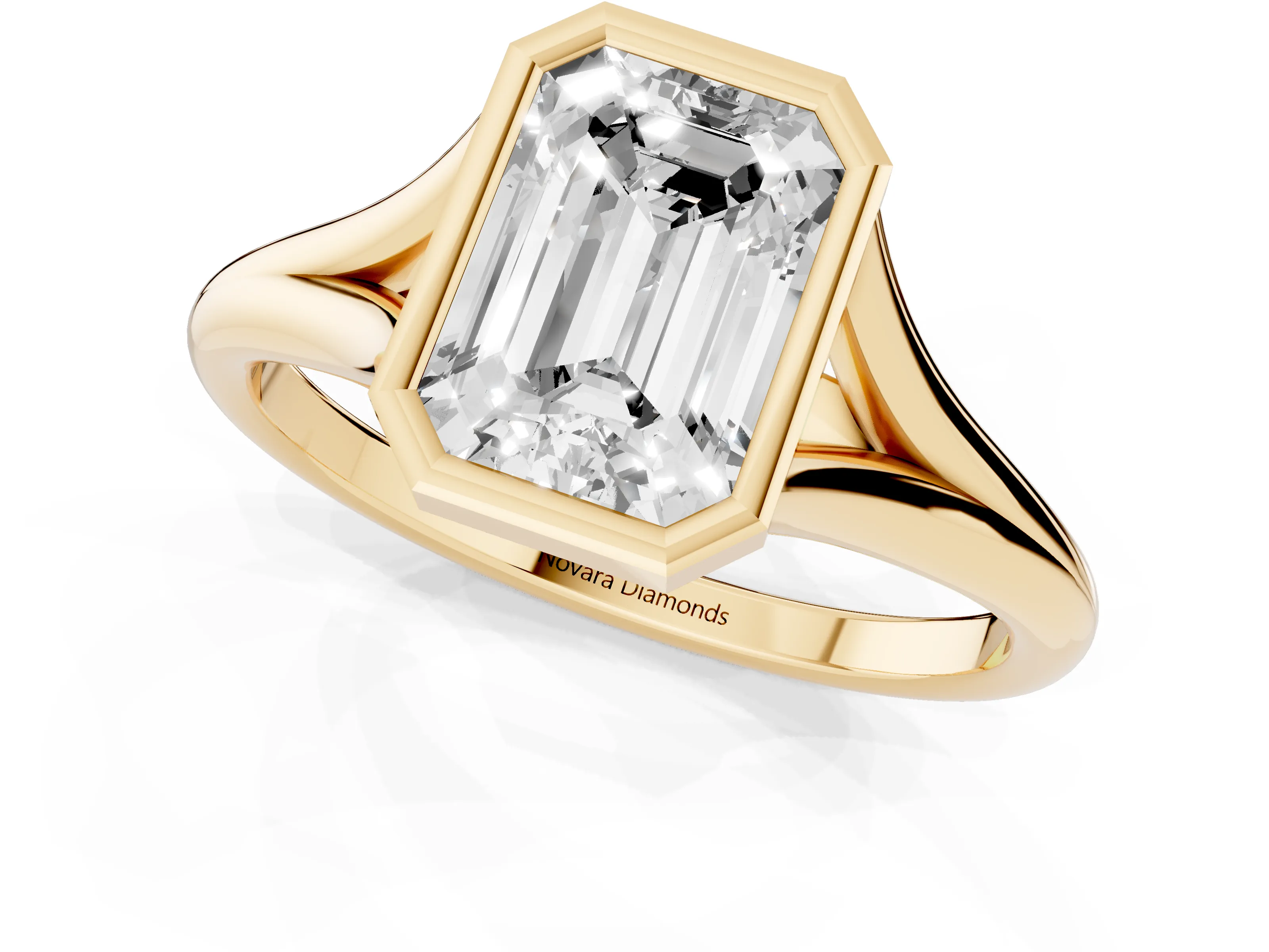 Bezel Set Emerald Cut Diamond Solitaire Ring Set in Yellow gold with Tapered Band