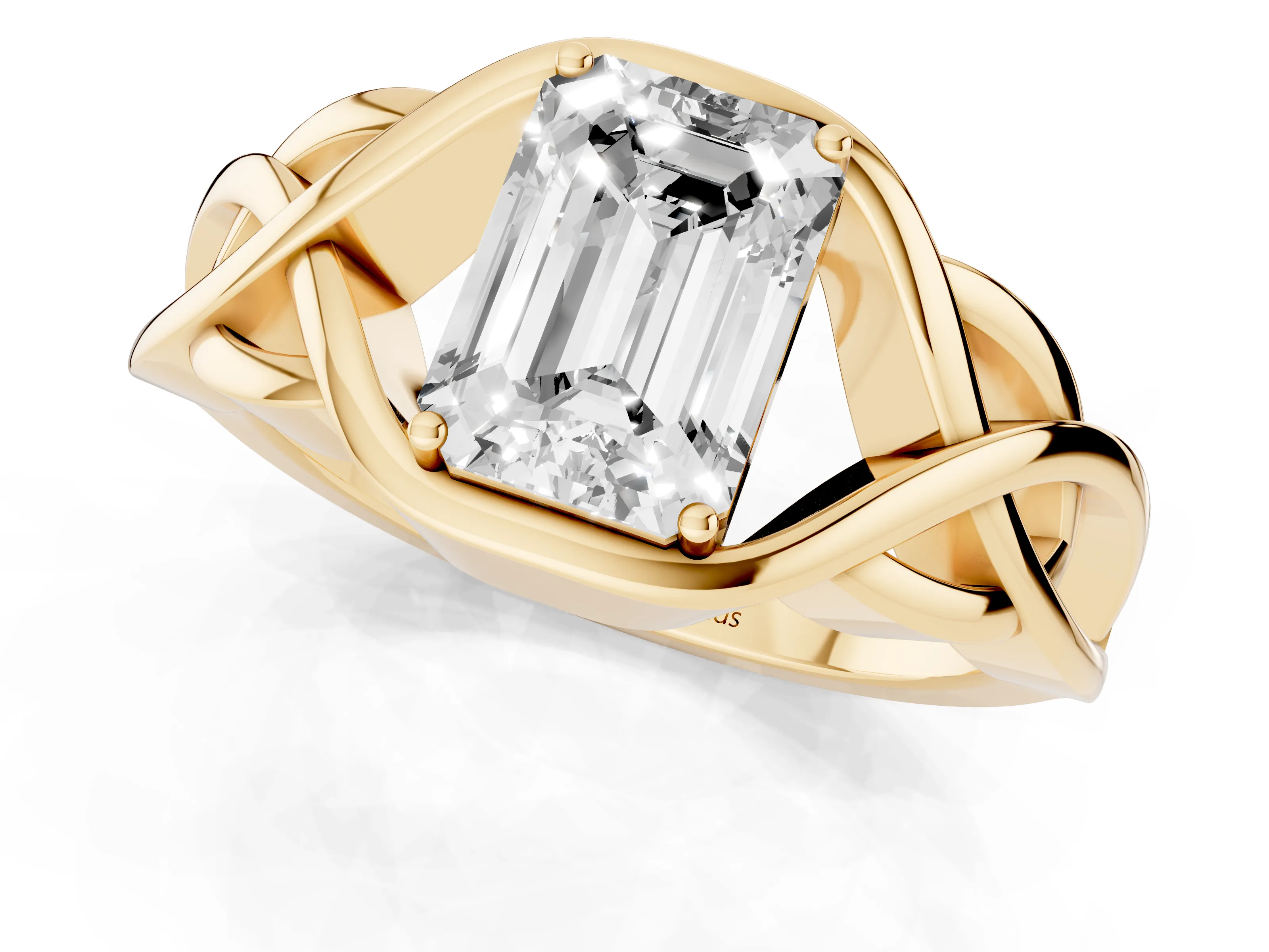 Emerald Cut Diamond Solitaire Ring Set in Yellow gold with Intertwined Band