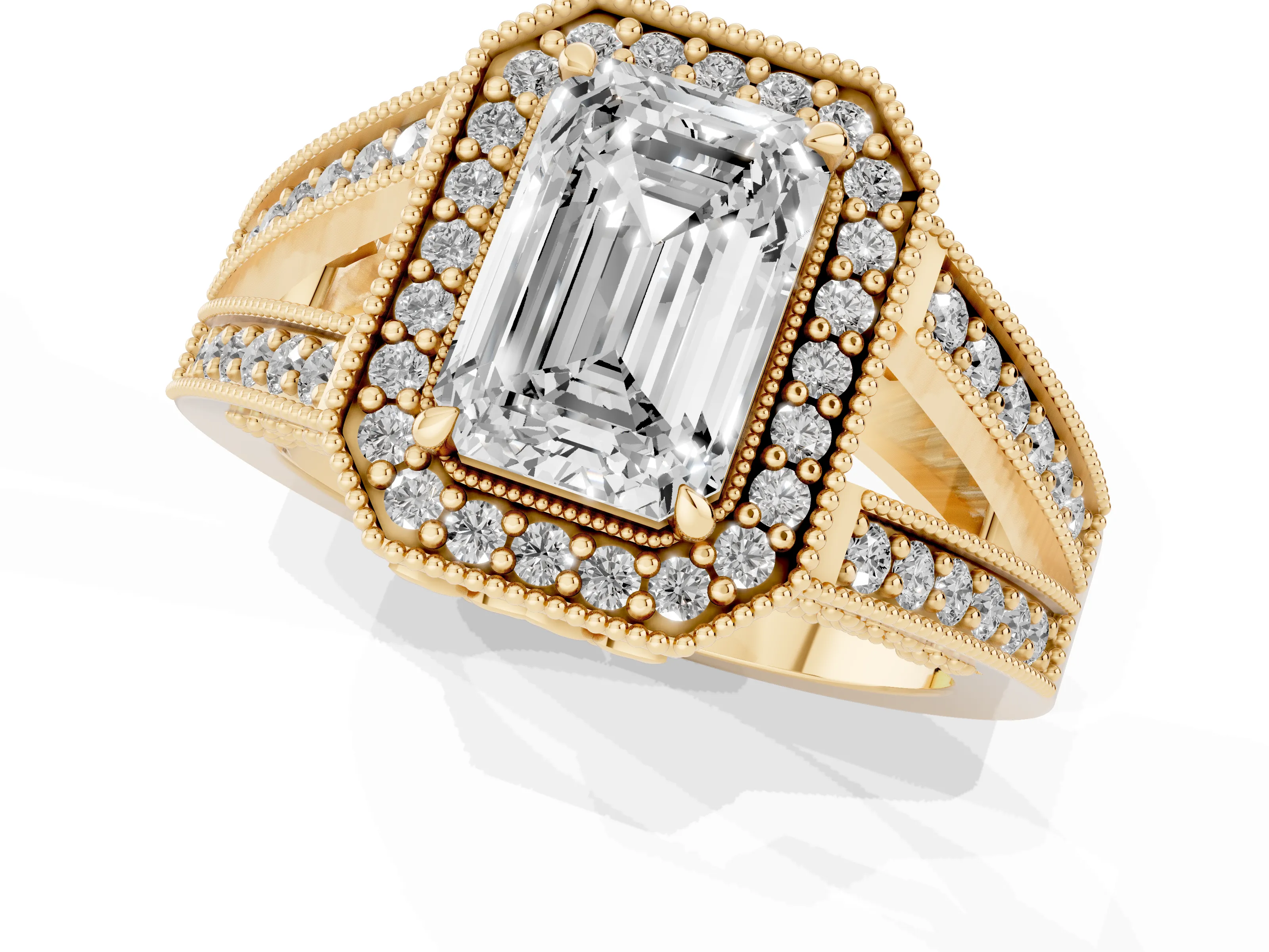 Emerald Cut Diamond Halo Ring Set in Yellow gold with Stone-Set Split Shank and Milgrain Edges