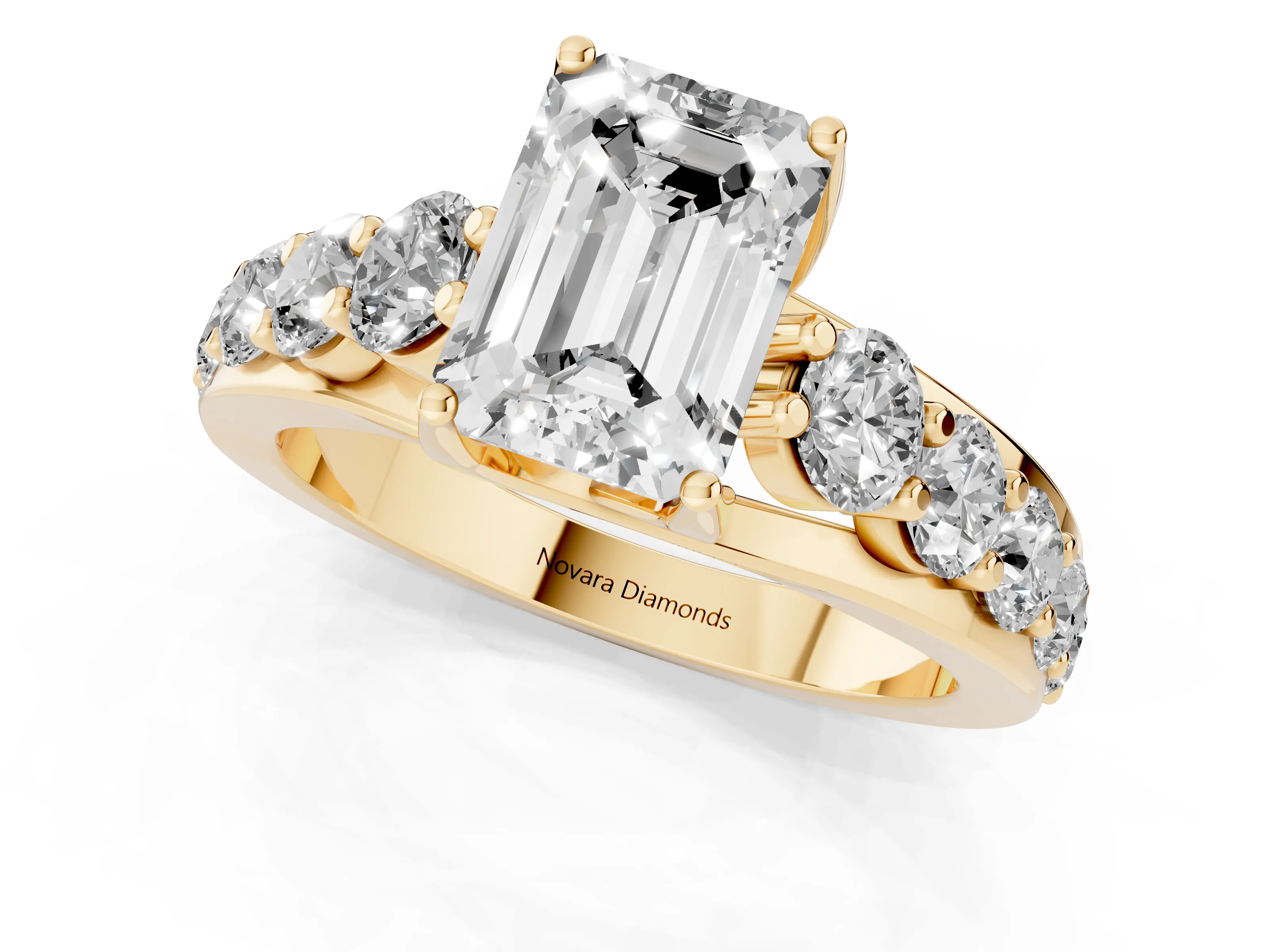 Emerald Cut Diamond Pavé Engagement Ring Set in Yellow gold with Prong Setting