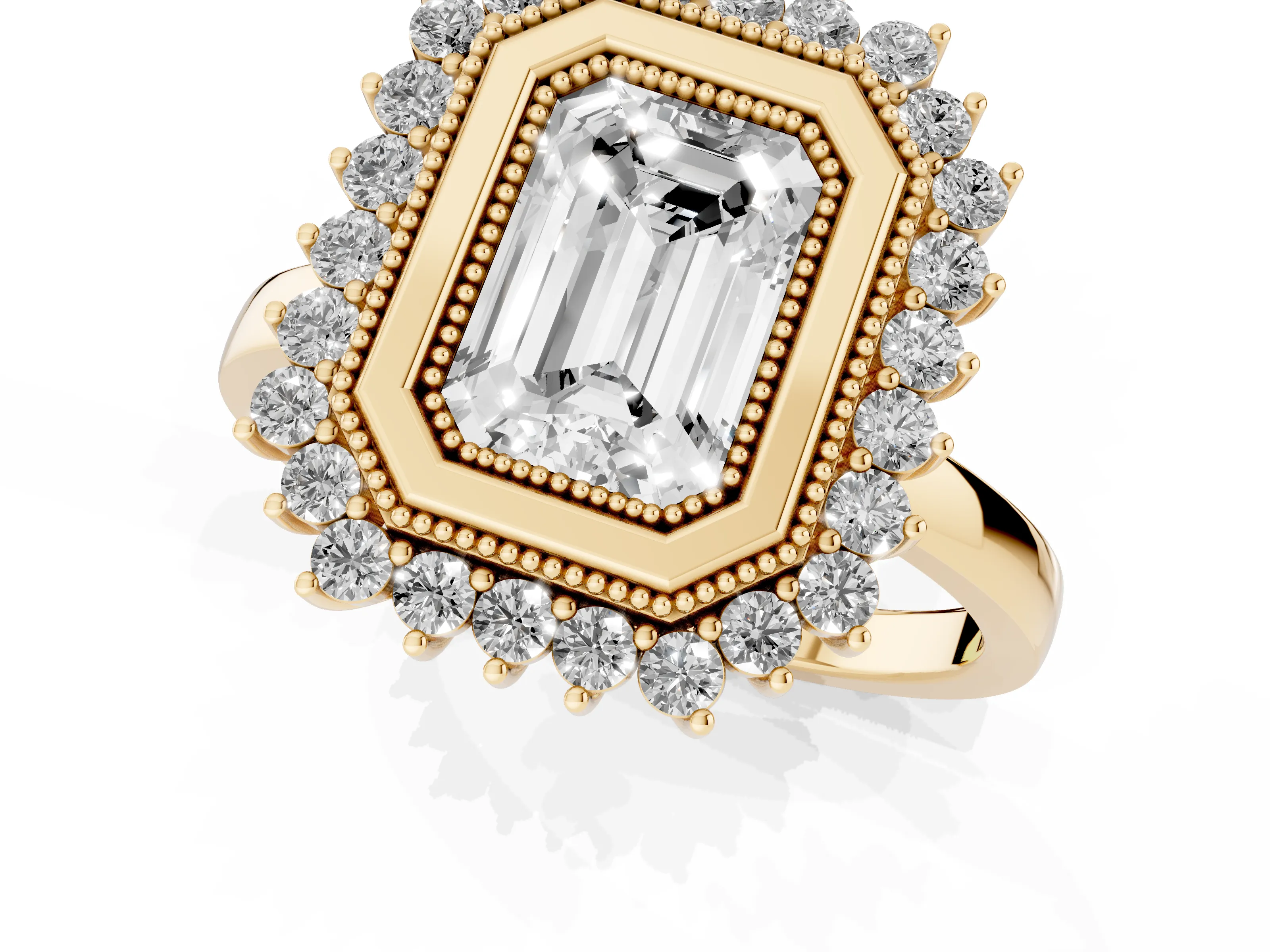 Emerald Cut Diamond Halo Ring Set in Yellow gold with Milgrain Edge and Round Prong Setting