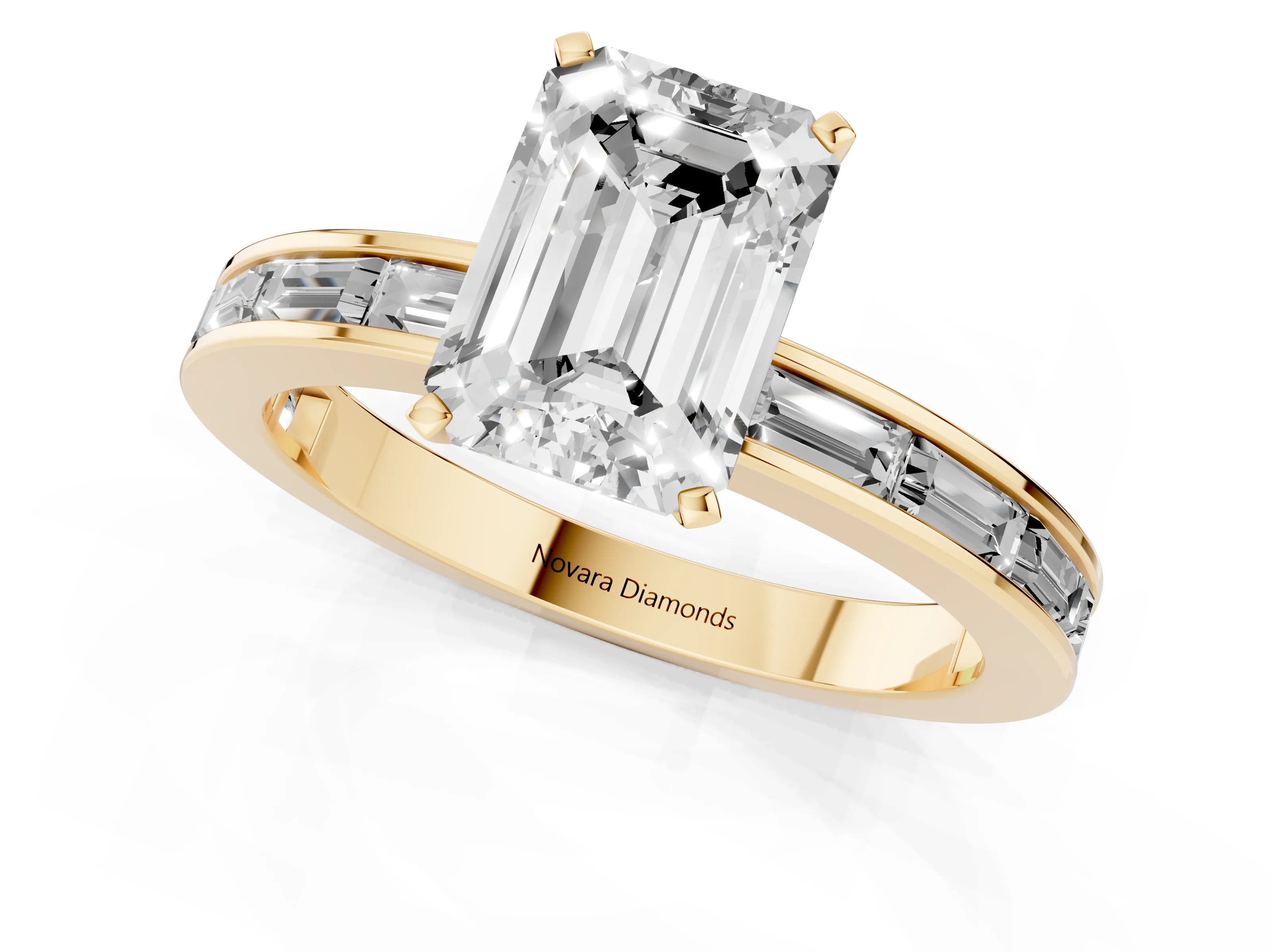 Emerald Cut Diamond Solitaire Ring Set in Yellow gold with Channel-Set Baguette Band and Prong Setting