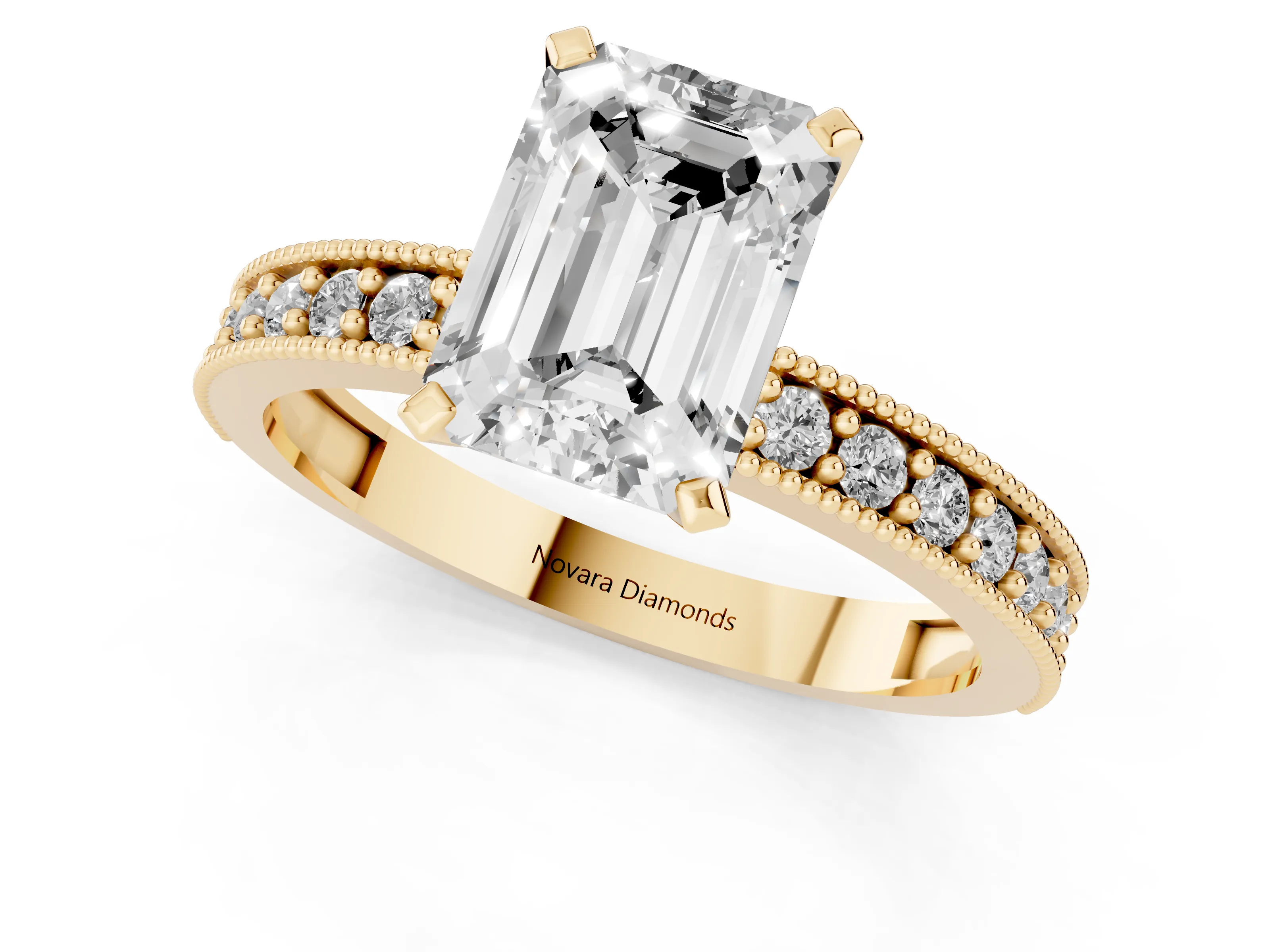 Emerald Cut Diamond Milgrain Pavé Engagement Ring Set in Yellow gold with Prong Setting