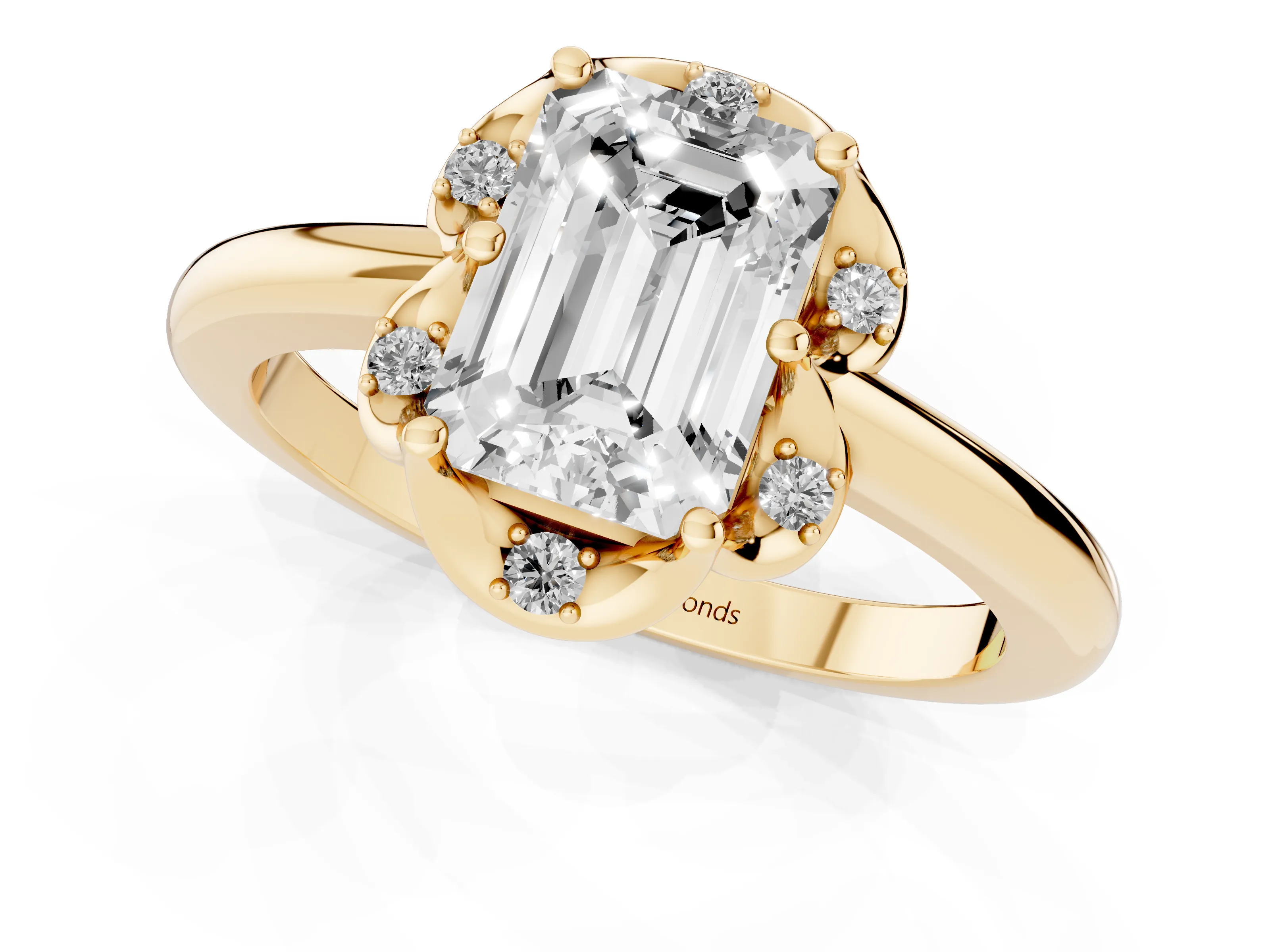 Emerald Cut Diamond Round Cluster Halo Ring Set in Yellow gold with Solitaire Band and Prong Setting