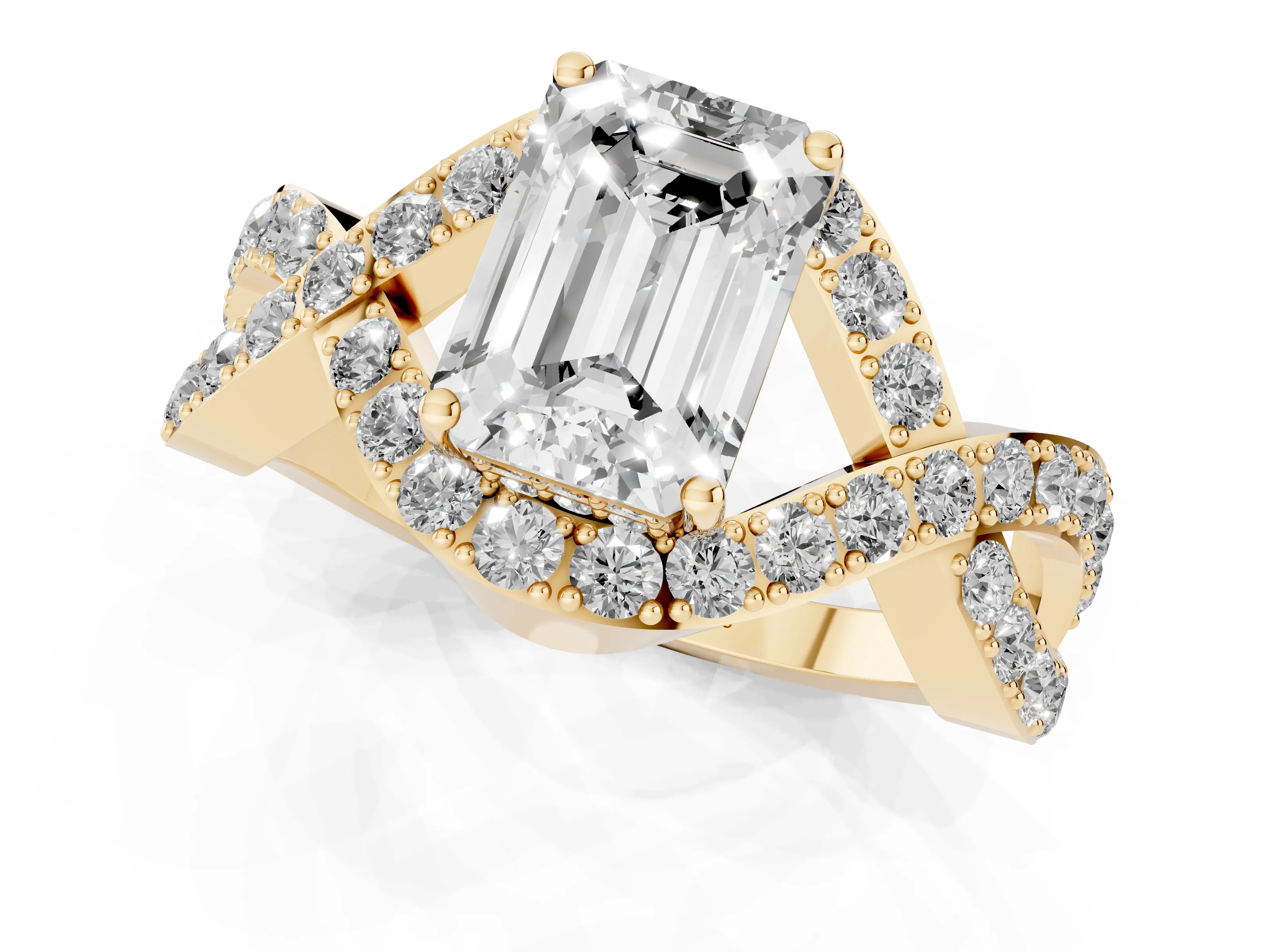 Emerald Cut Diamond Solitaire Twist Band Pavé Engagement Ring Set in Yellow gold