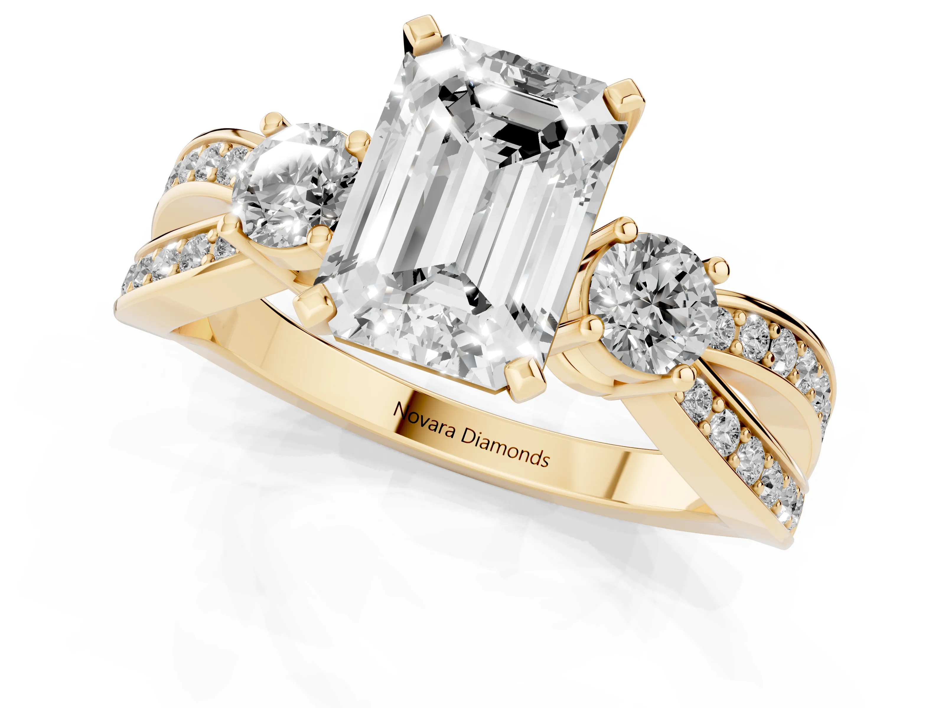 Three-Stone Emerald Cut Diamond Twist Band Ring Set in Yellow gold with Pavé Accents and Prong Setting