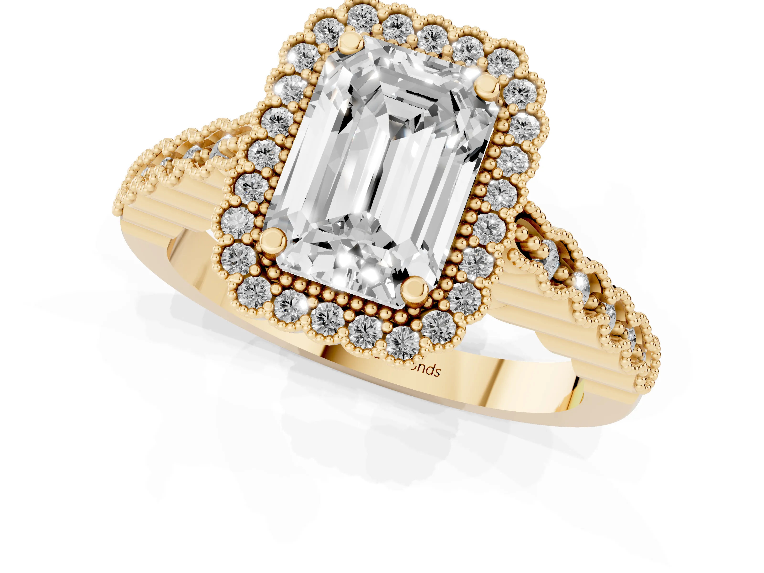 Emerald Cut Diamond Halo Ring Set in Yellow gold with Pavé Milgrain Band