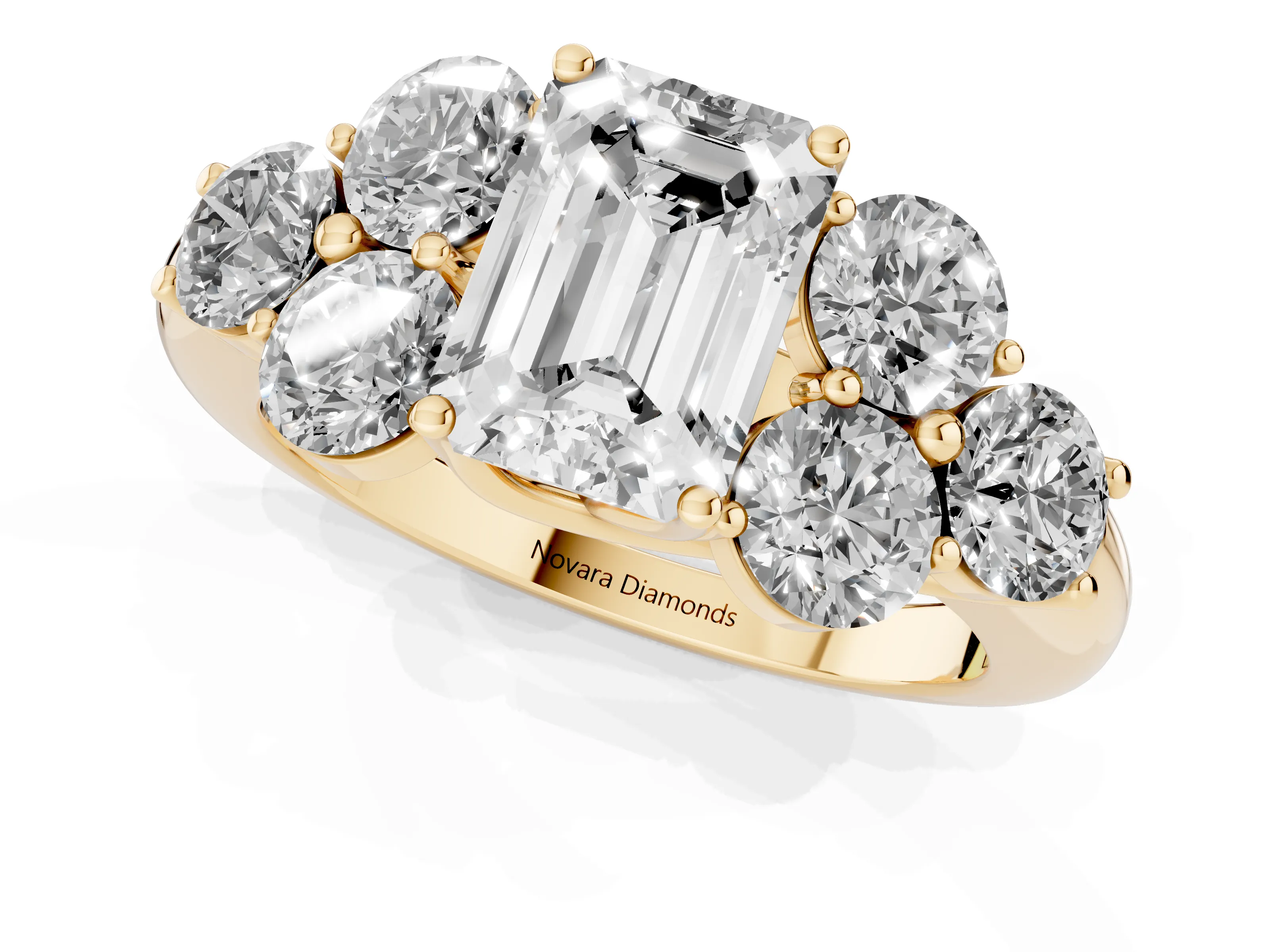 Emerald Cut Diamond Cluster Ring Set in Yellow gold with Round Accent Stones and Prong Setting on a Plain Band