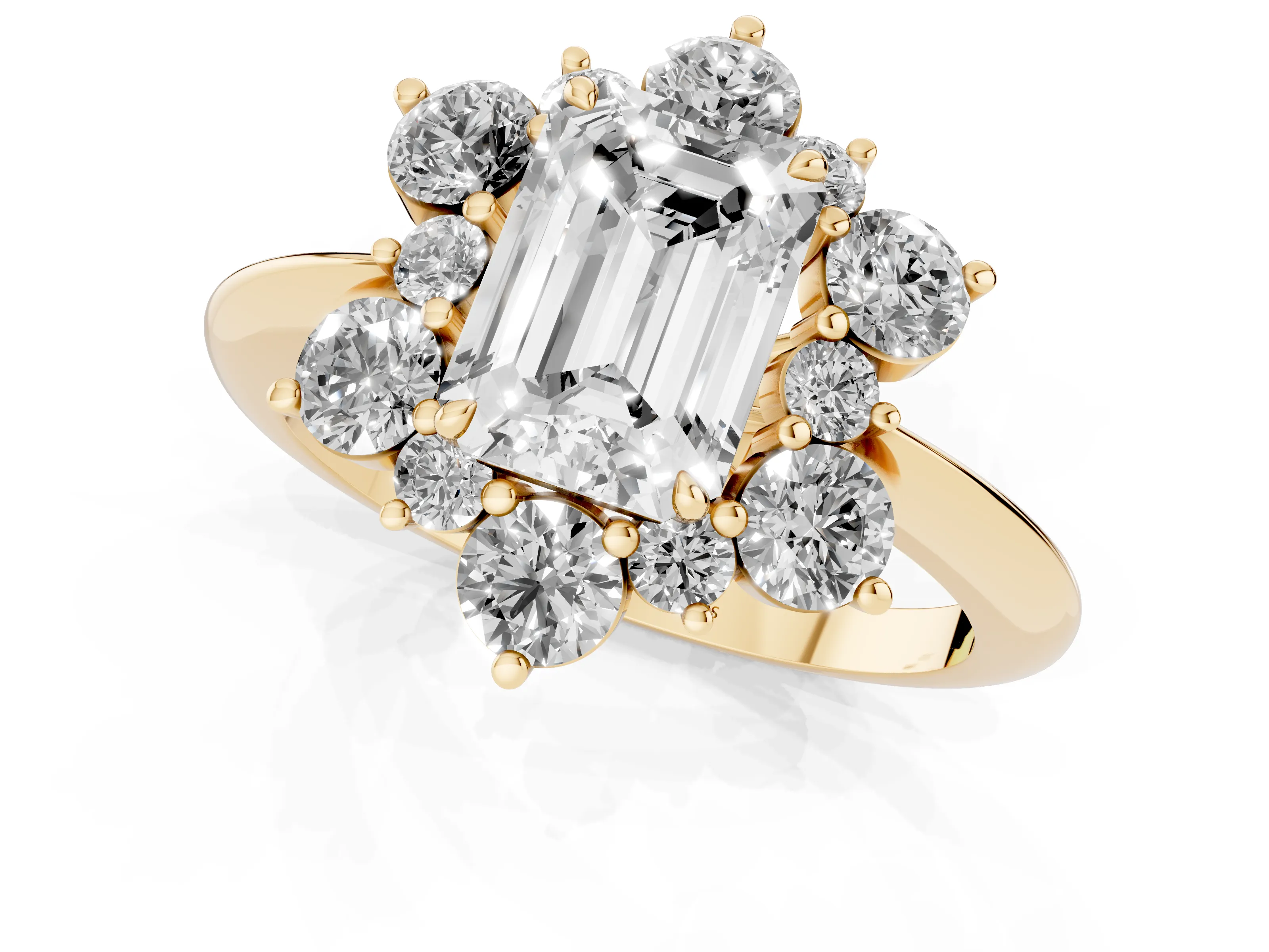 Emerald Cut Diamond Cluster Halo Ring Set in Yellow gold with Solitaire Band and Prong Setting
