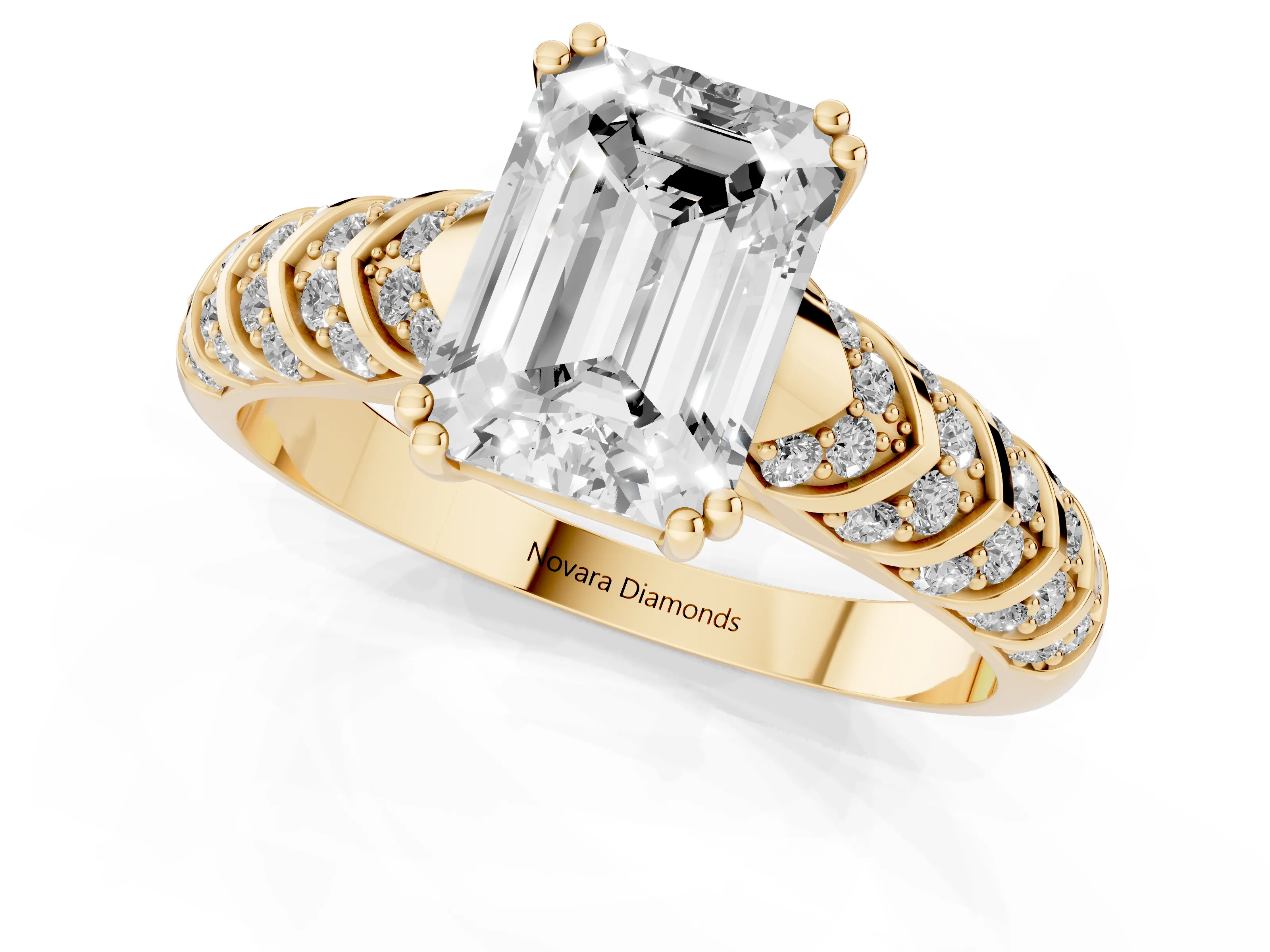 Emerald Cut Diamond Solitaire Chevron Pavé Engagement Ring Set in Yellow gold with Prong Setting