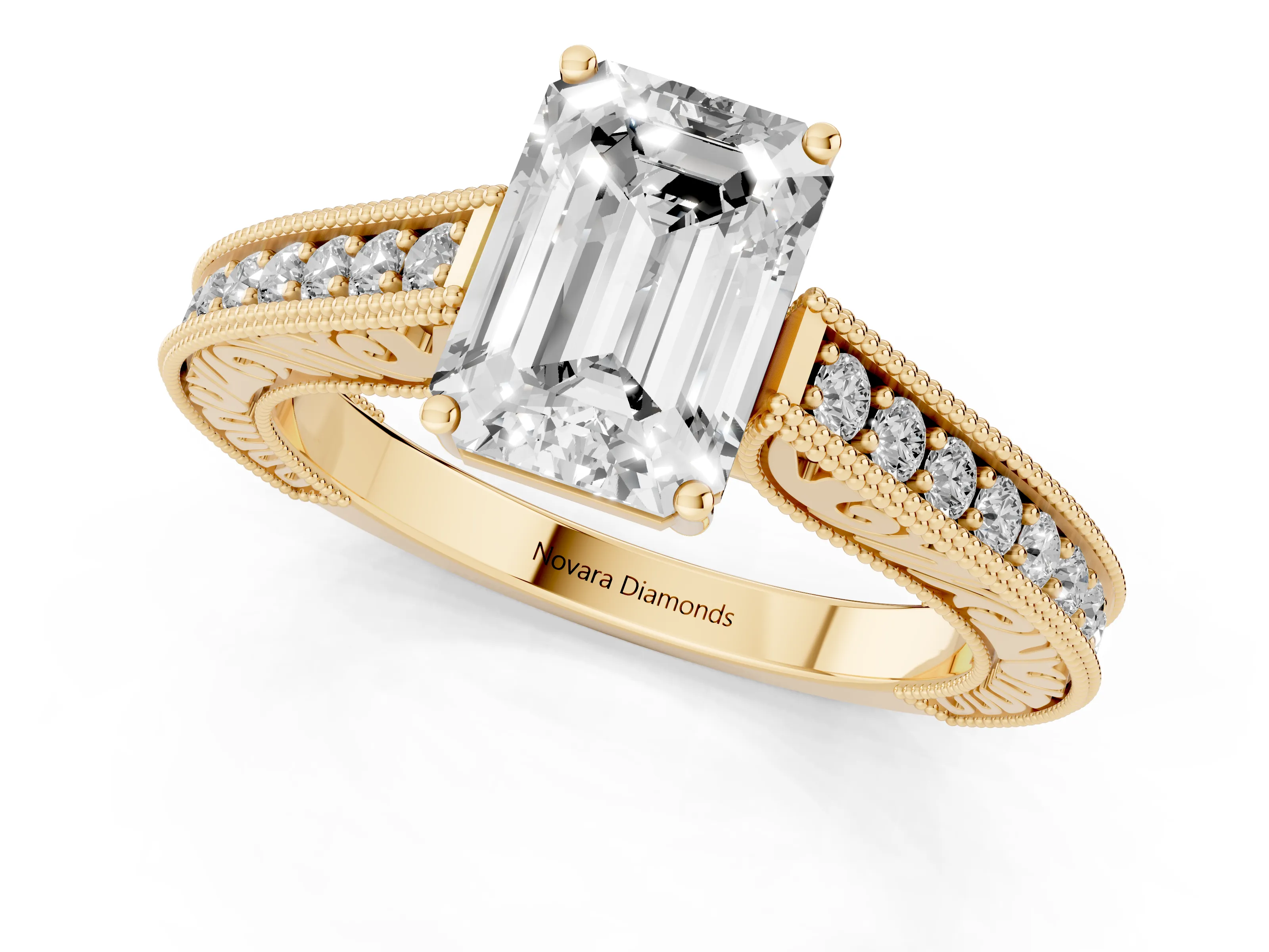 Emerald Cut Diamond Milgrain Pavé Band Solitaire Ring Set in Yellow gold with Prong Setting