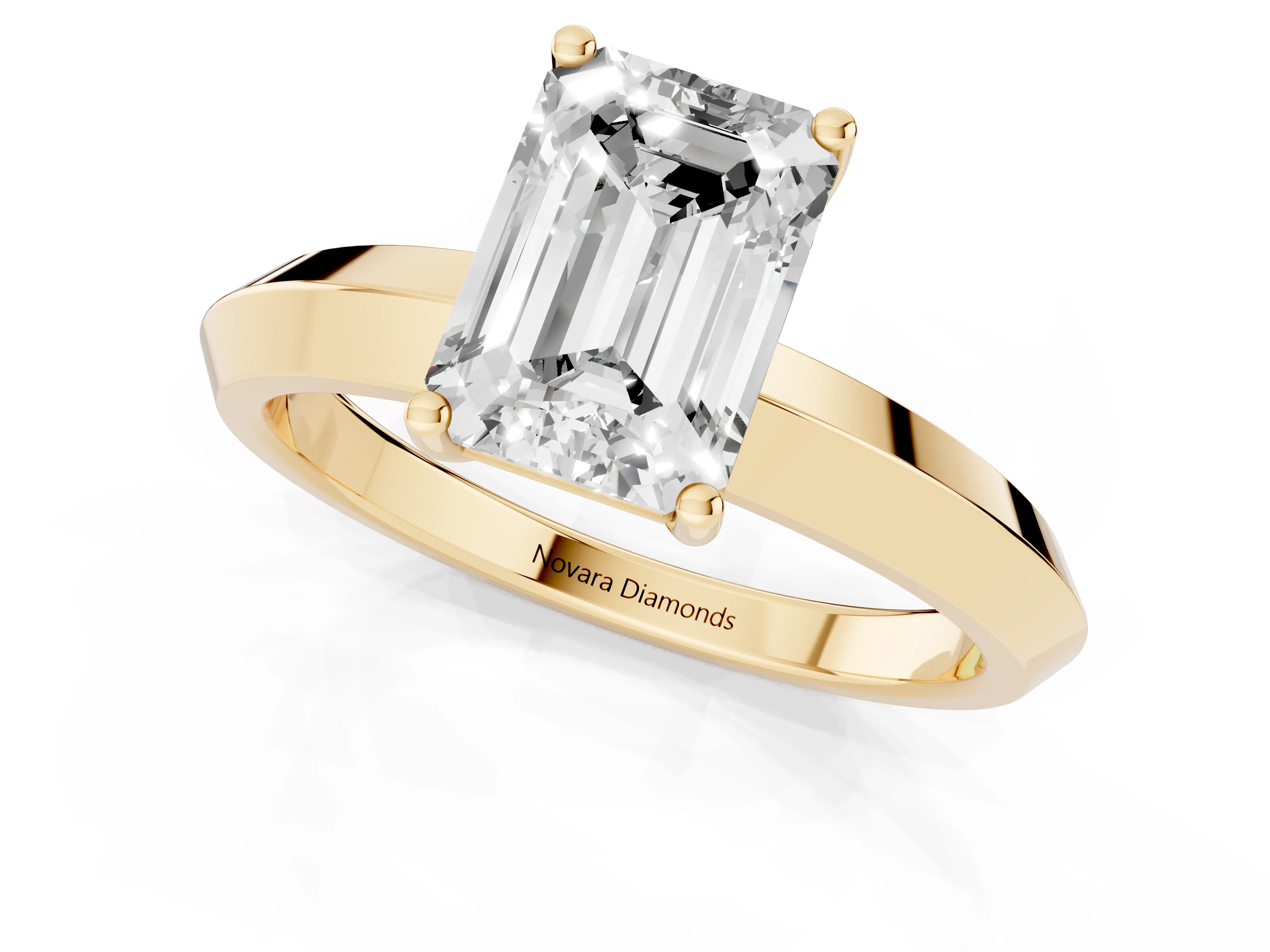 Emerald Cut Diamond Solitaire Engagement Ring Set in Yellow gold with Flat Band and Prong Setting – second view