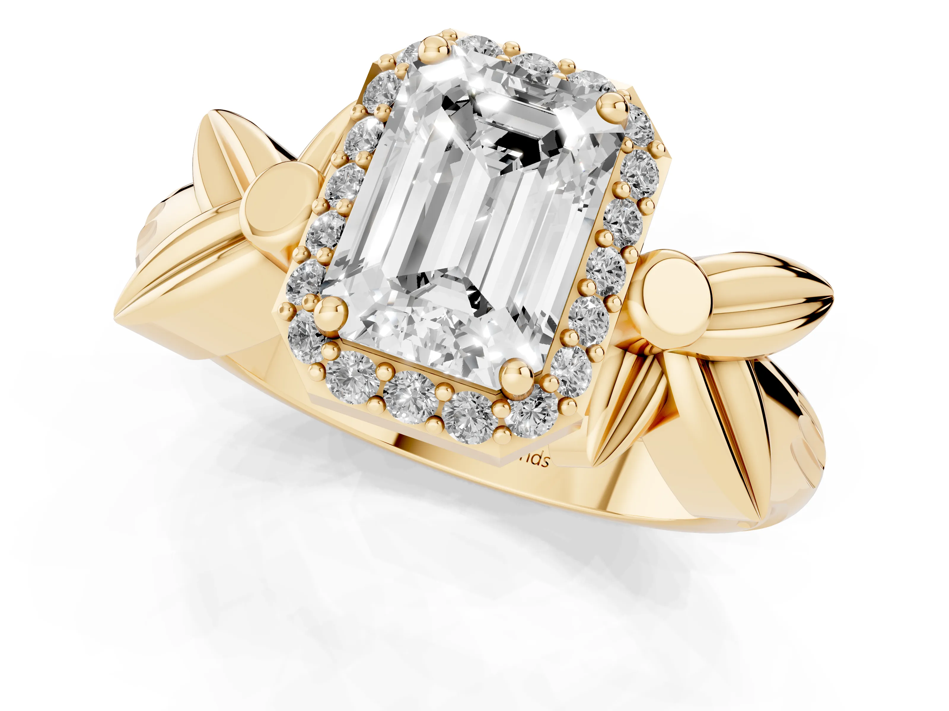 Emerald Cut Diamond Halo Floral Band Ring Set in Yellow gold with Prong Setting