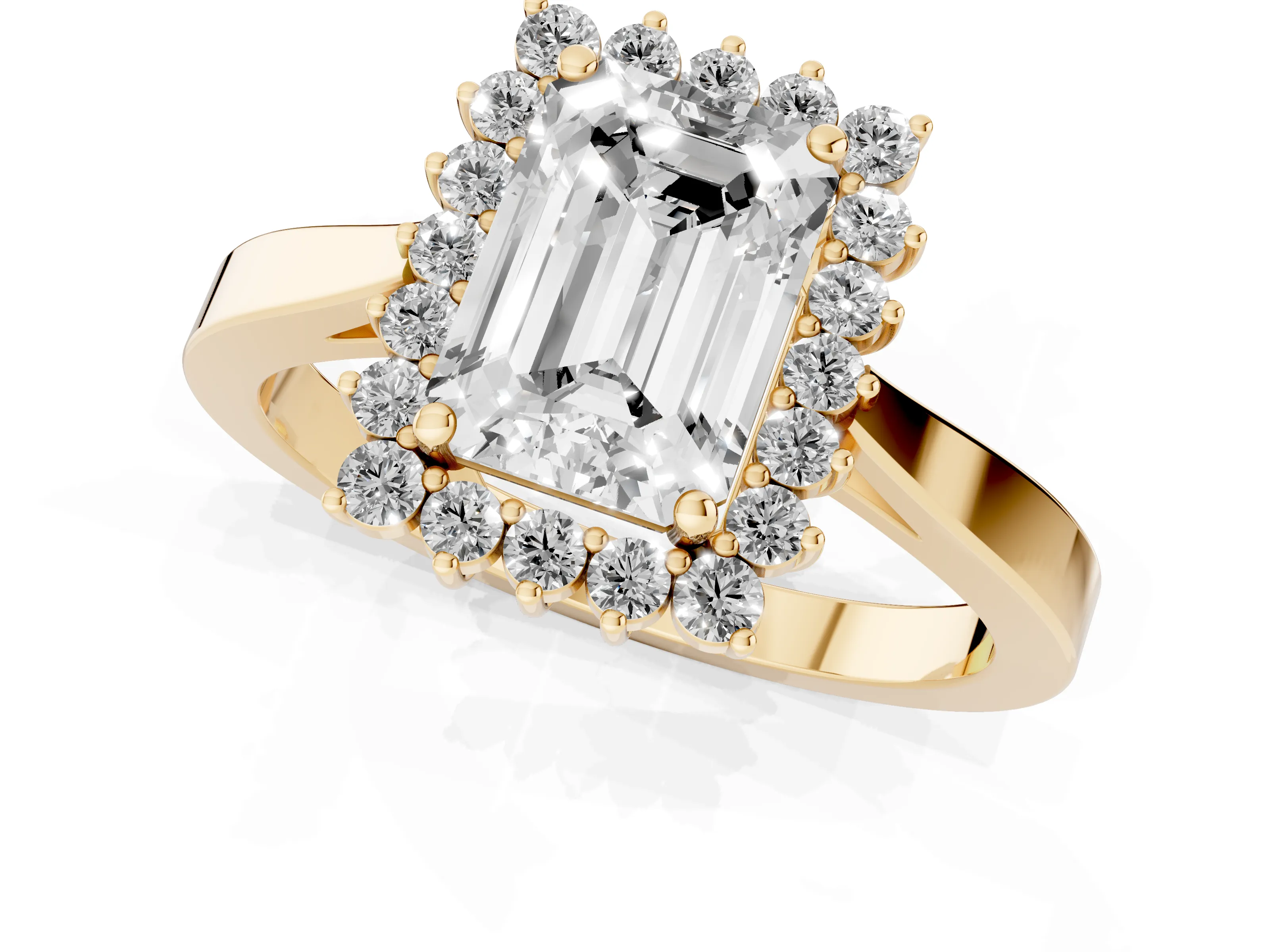 Emerald Cut Diamond Halo Ring Set in Yellow gold with Round Halo and Smooth Solitaire Band
