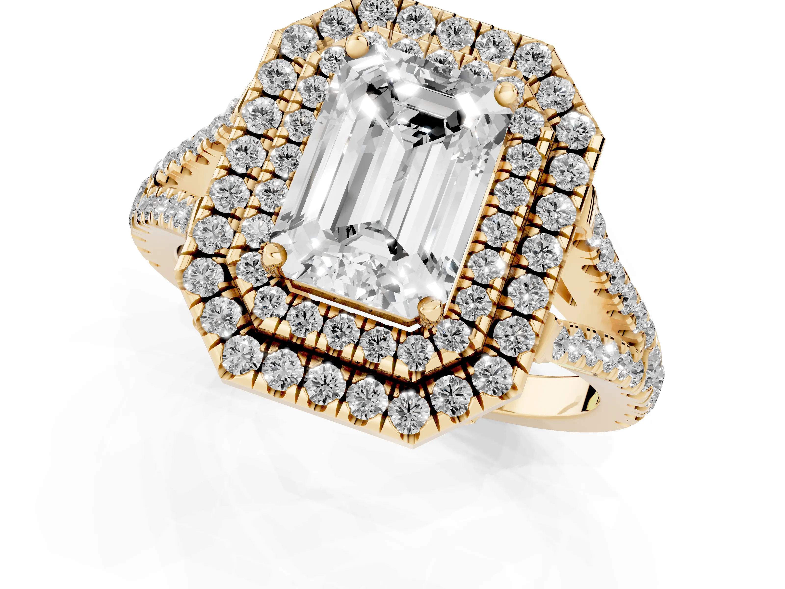Emerald Cut Diamond Double Halo Ring Set in Yellow gold with Pavé Band – second view
