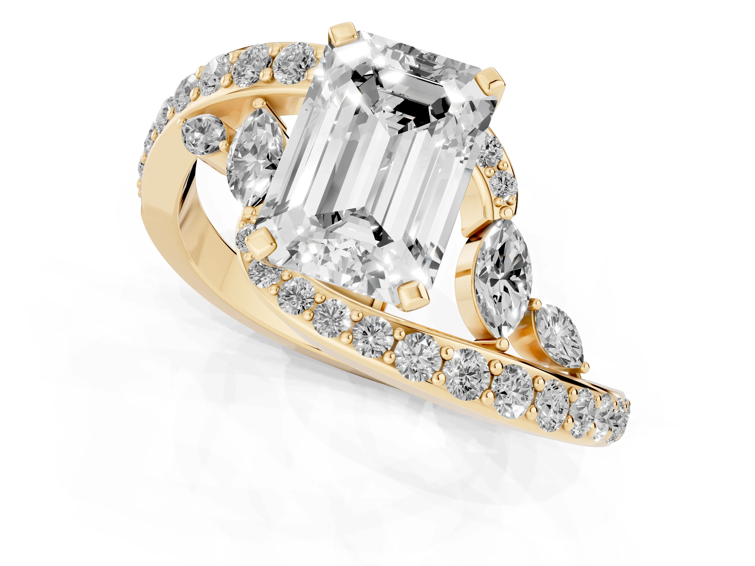Emerald Cut Diamond Solitaire Ring Set in Yellow gold with Pavé Twist Band and Secure Prong Setting
