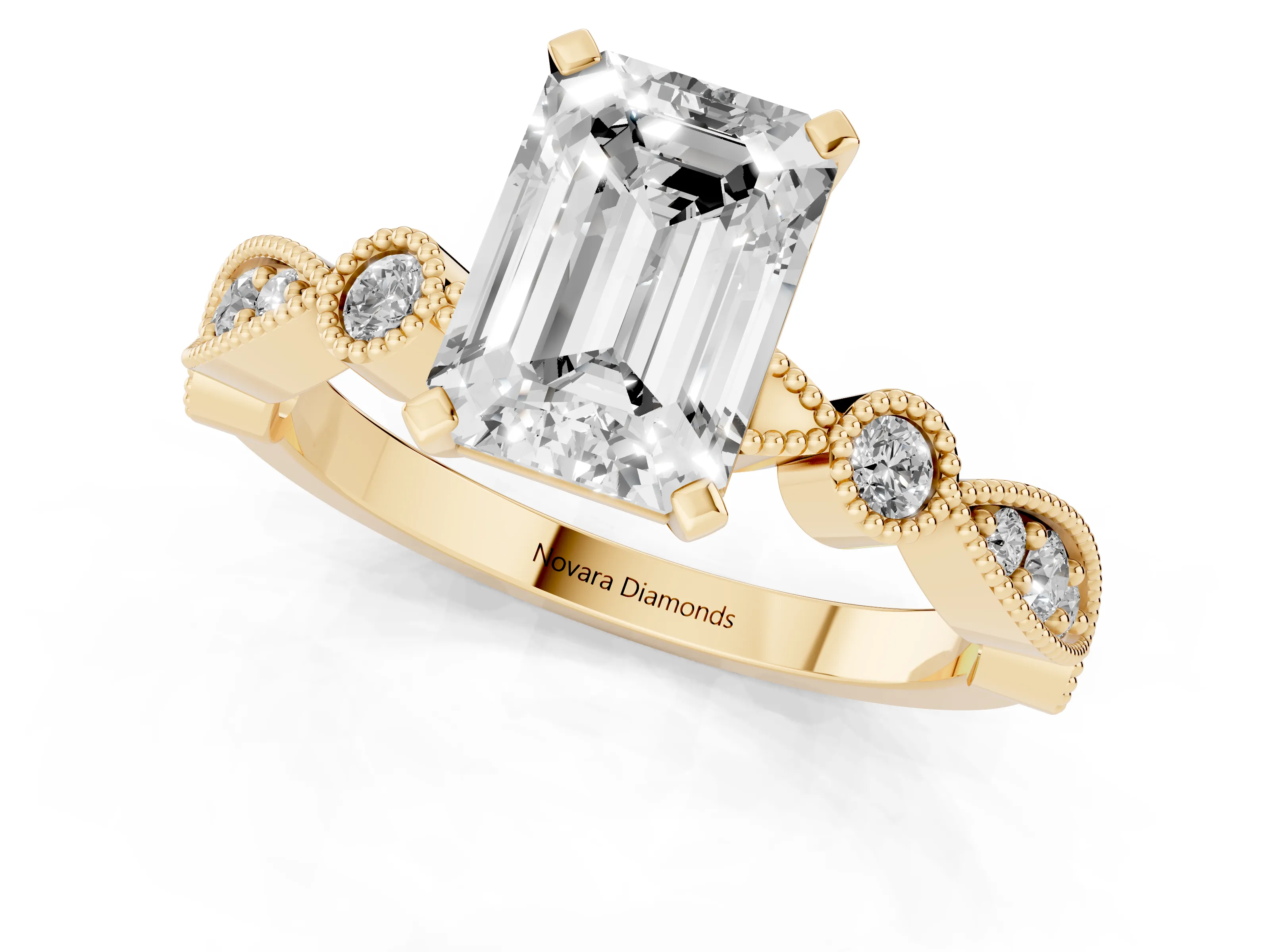Emerald Cut Diamond Solitaire Engagement Ring Set in Yellow gold with Milgrain Bezel Accent Band
