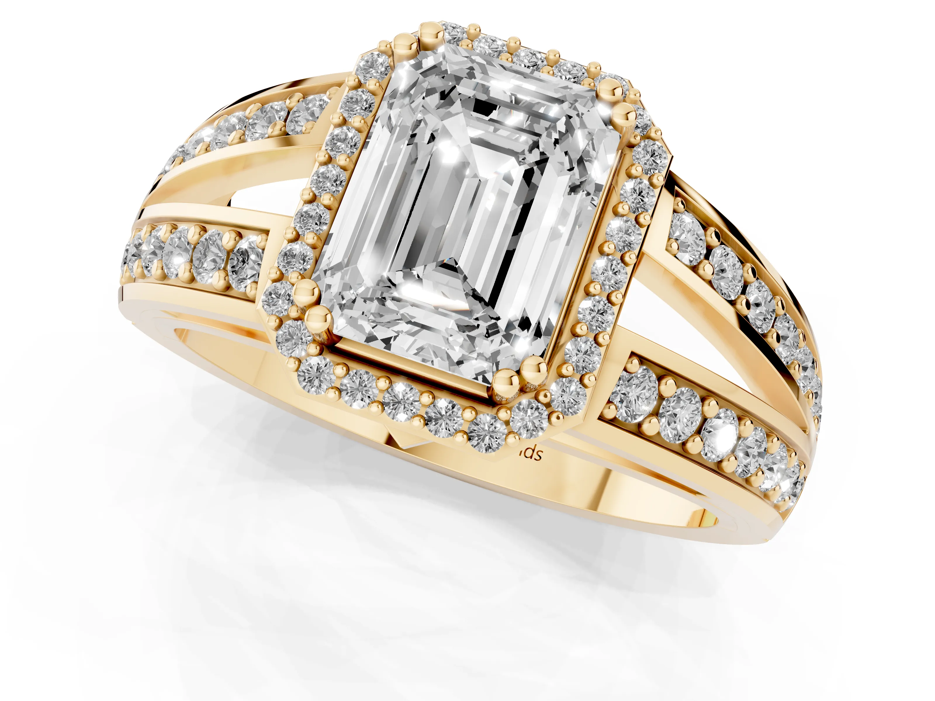 Emerald Cut Diamond Halo Ring Set in Yellow gold with Double Pavé Split Shank
