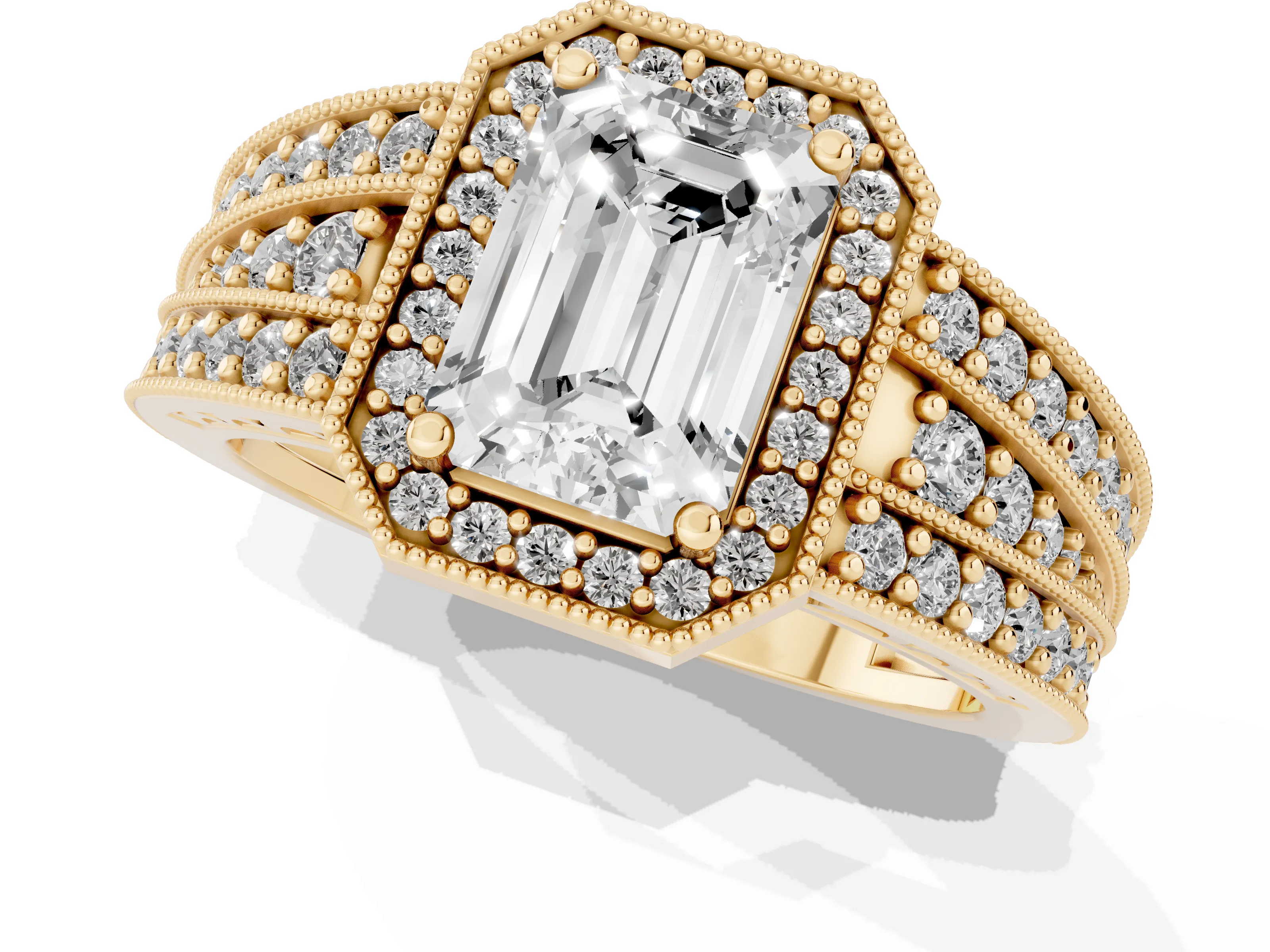 Emerald Cut Diamond Halo Ring Set in Yellow gold with Accent Split Shank and Prong Setting