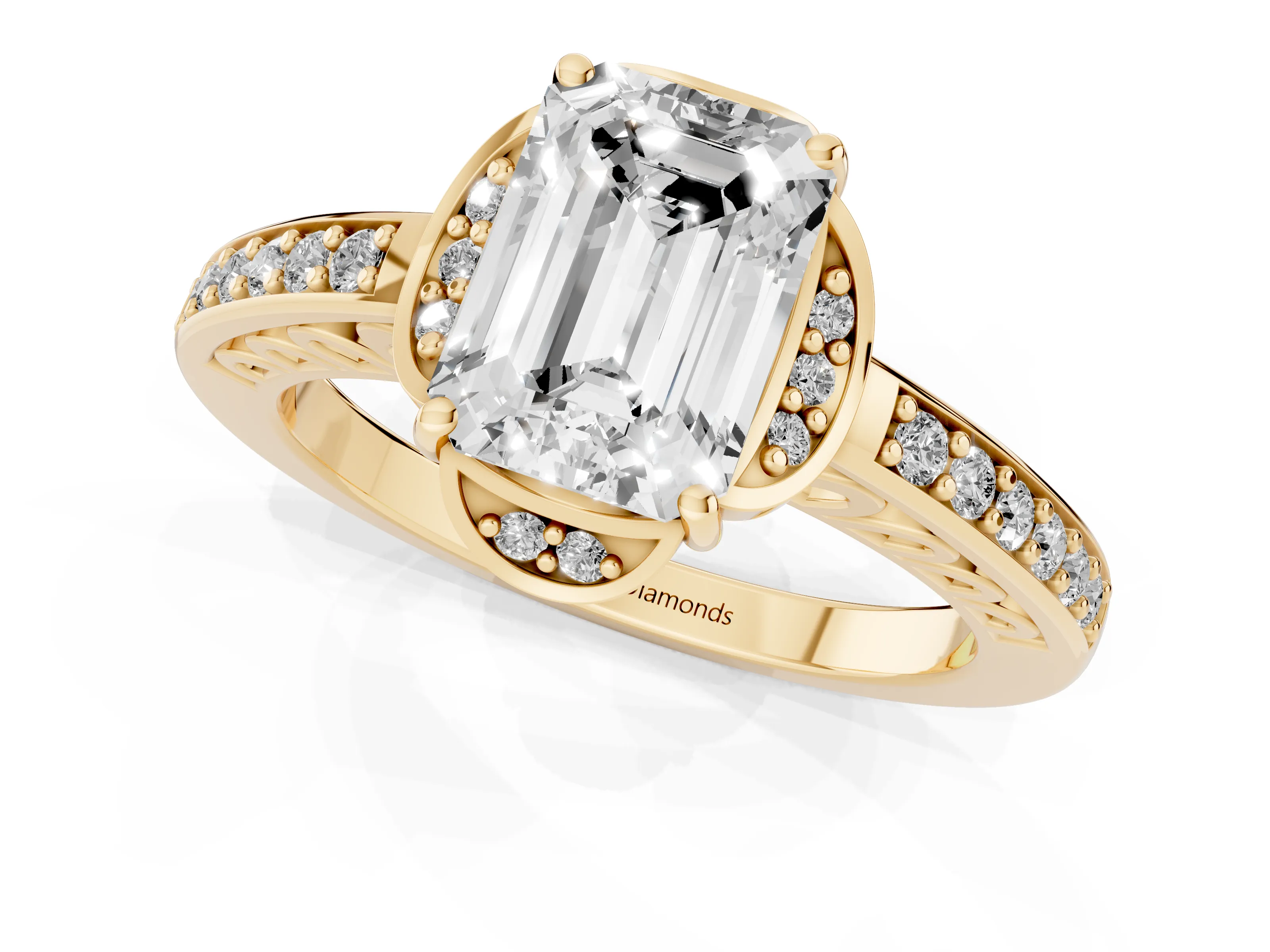 Emerald Cut Diamond Halo Ring Set in Yellow gold with Channel Set Band and Prong Setting