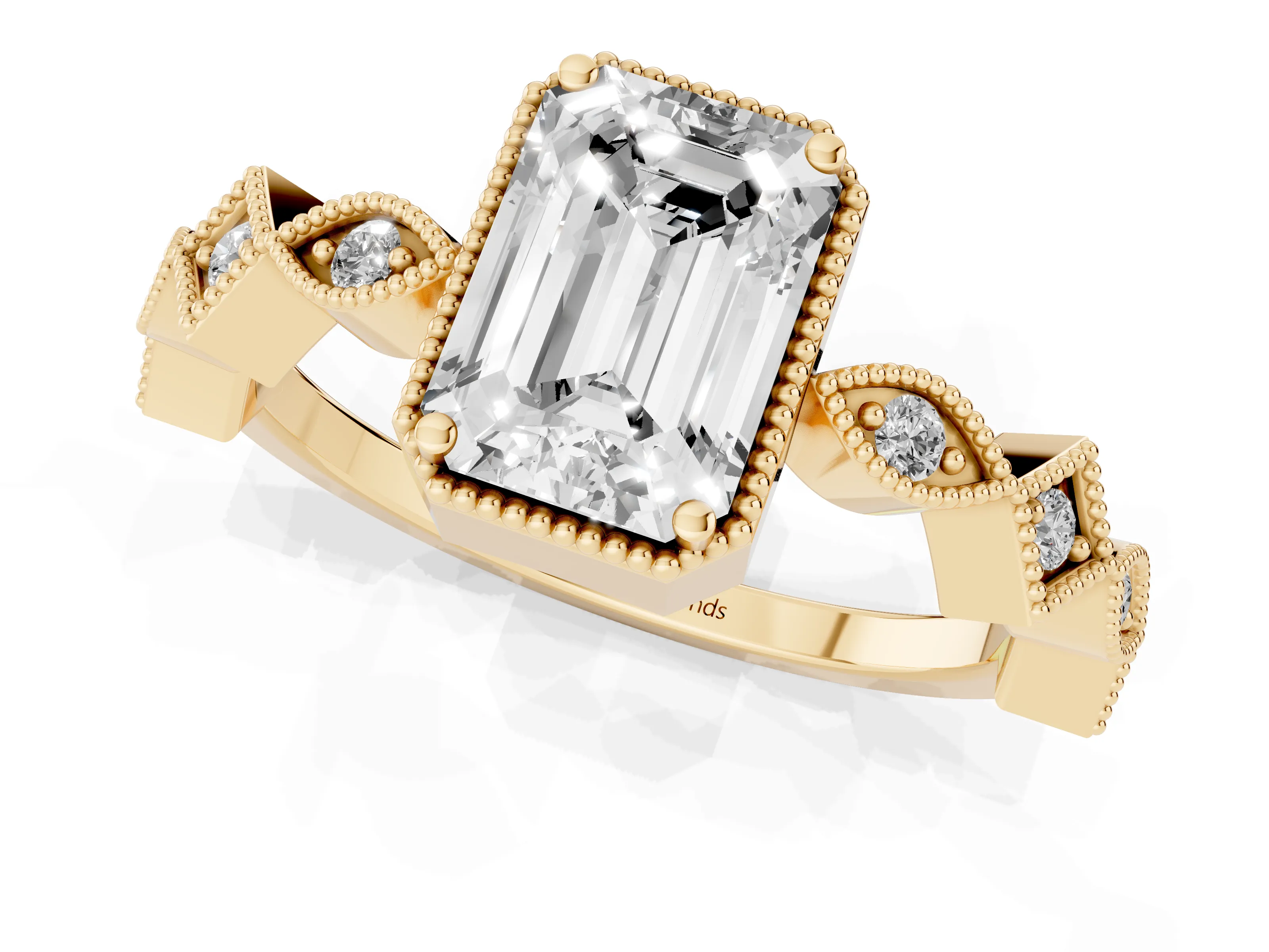 Emerald Cut Diamond Milgrain Marquise Twist Band Ring Set in Yellow gold with Prong Setting