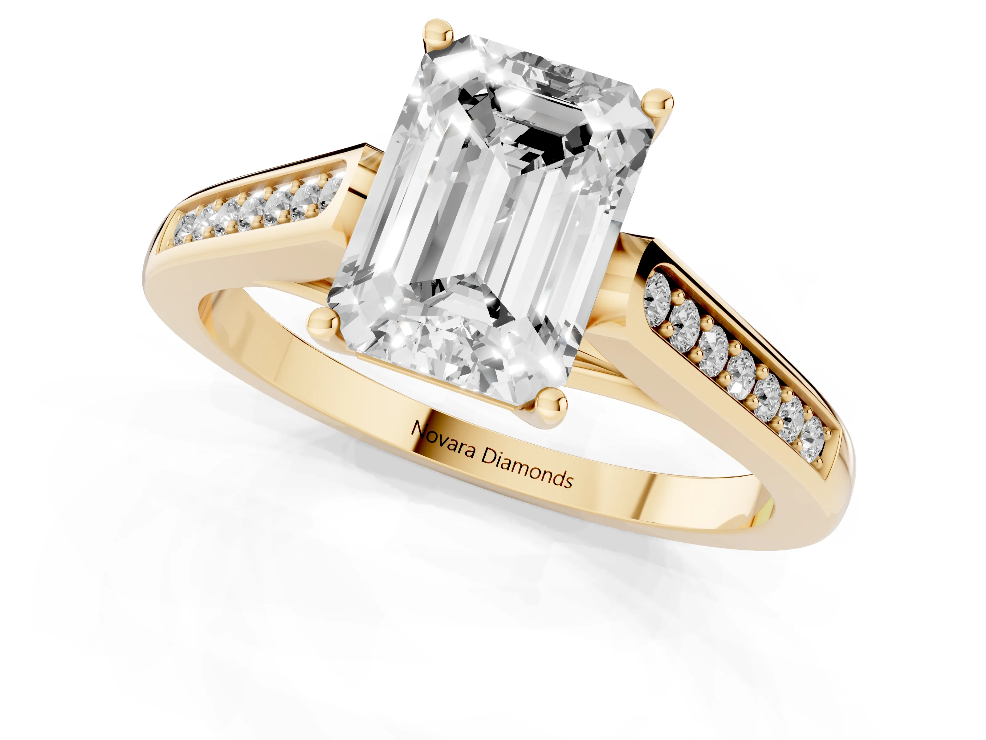 Emerald Cut Diamond Solitaire Cathedral Engagement Ring Set in Yellow gold with Channel-Set Band and Prong Setting