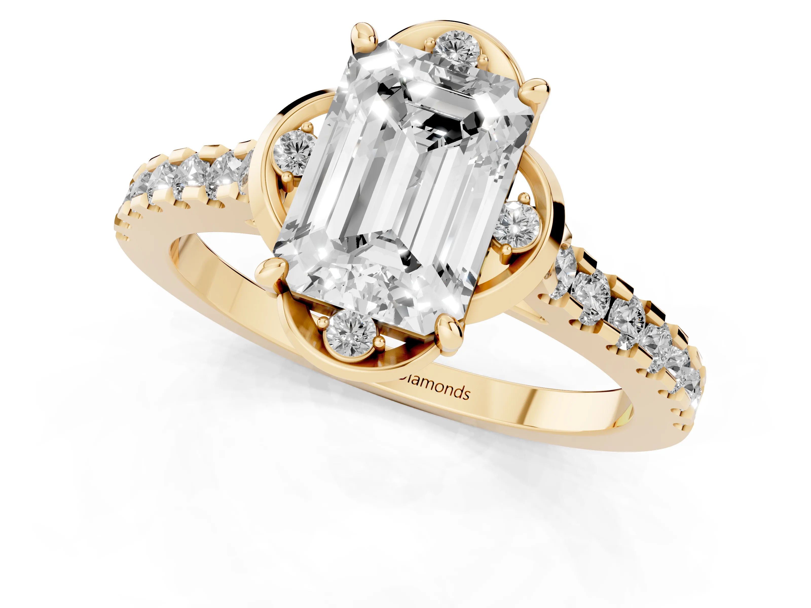 Emerald Cut Diamond Solitaire Ring Set in Yellow gold with Pavé Band and Floral Prong Setting