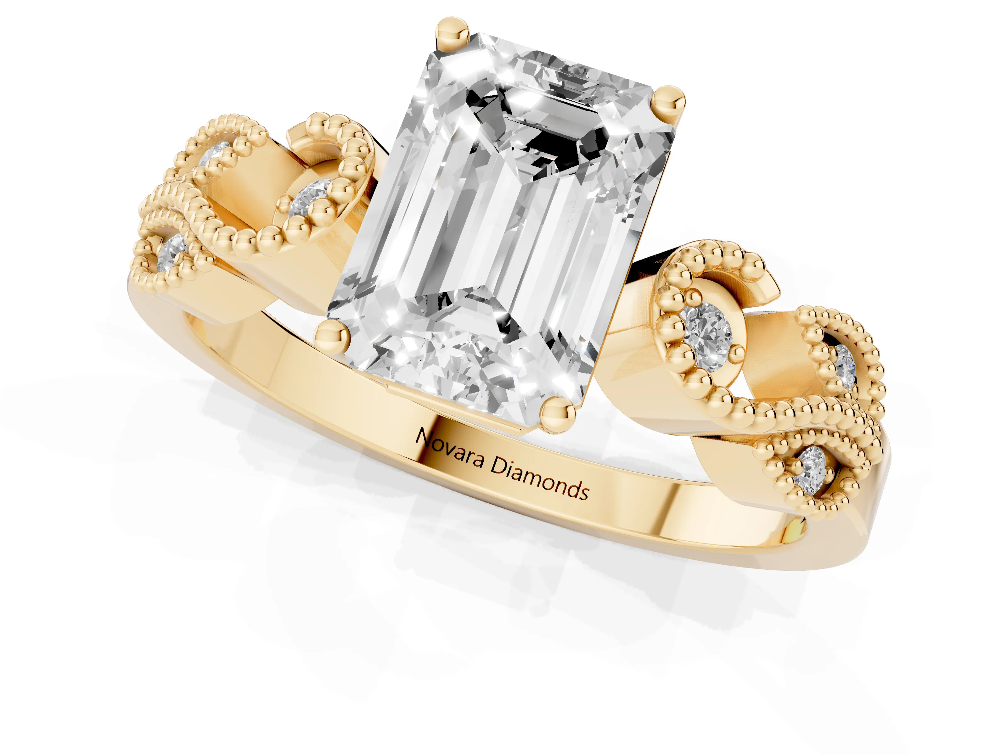Emerald Cut Diamond Milgrain Leaf Band Solitaire Ring Set in Yellow gold with Accent Stones and Prong Setting
