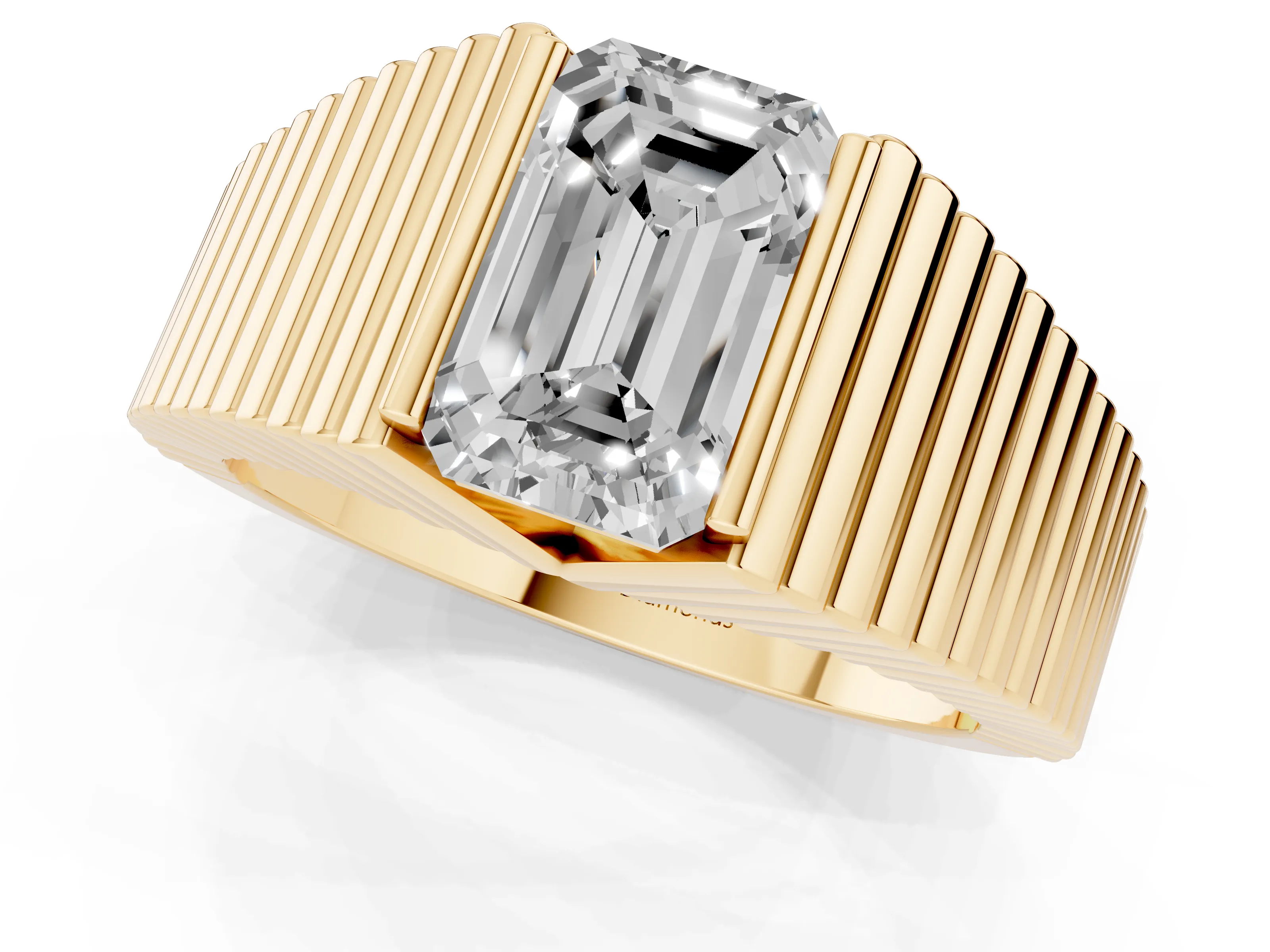 Emerald Cut Diamond Mens Ring Set in Yellow gold with Fluted Band – second view
