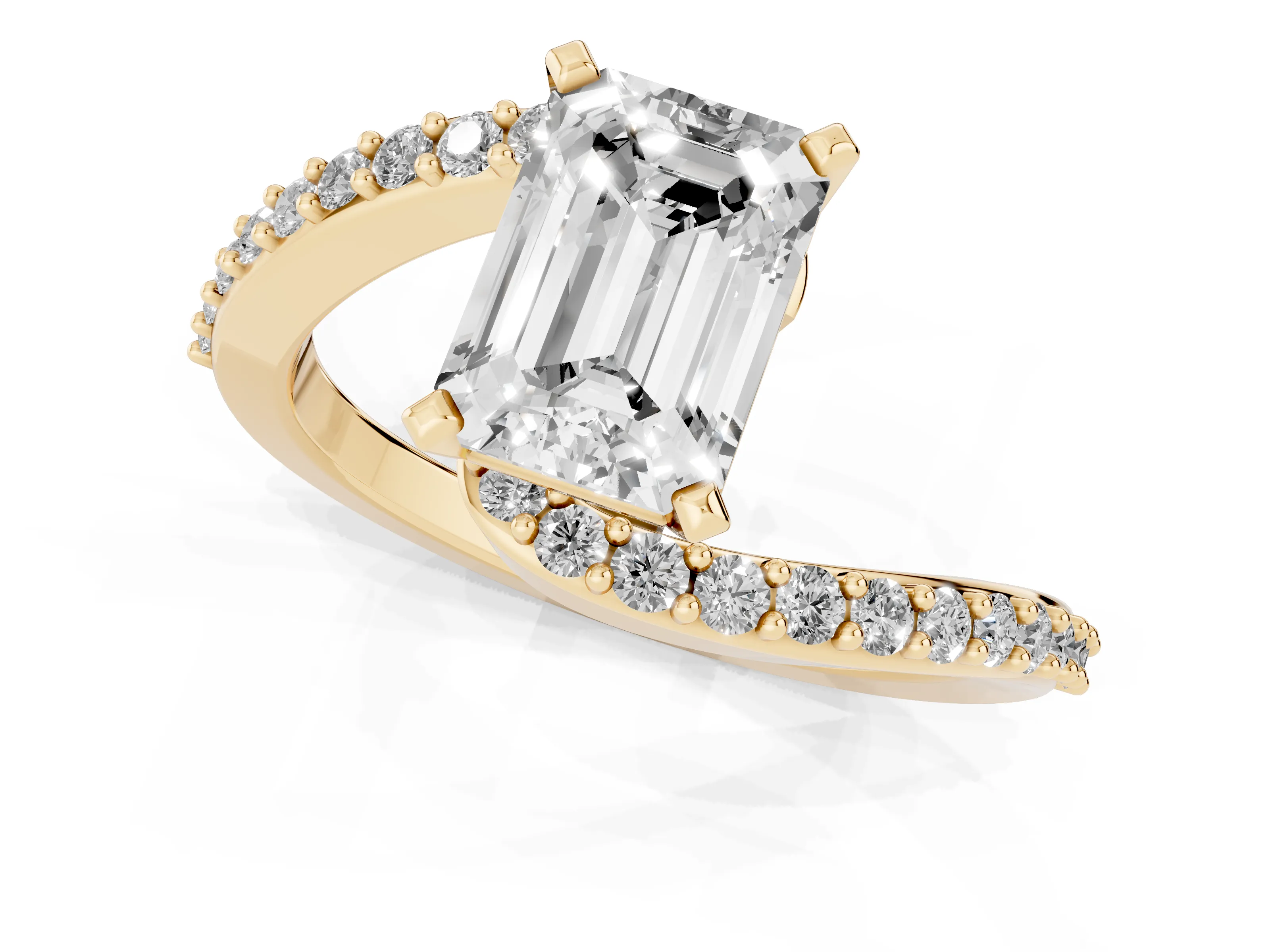 Emerald Cut Diamond Solitaire Ring Set in Yellow gold with Pavé Twist Band and Prong Setting