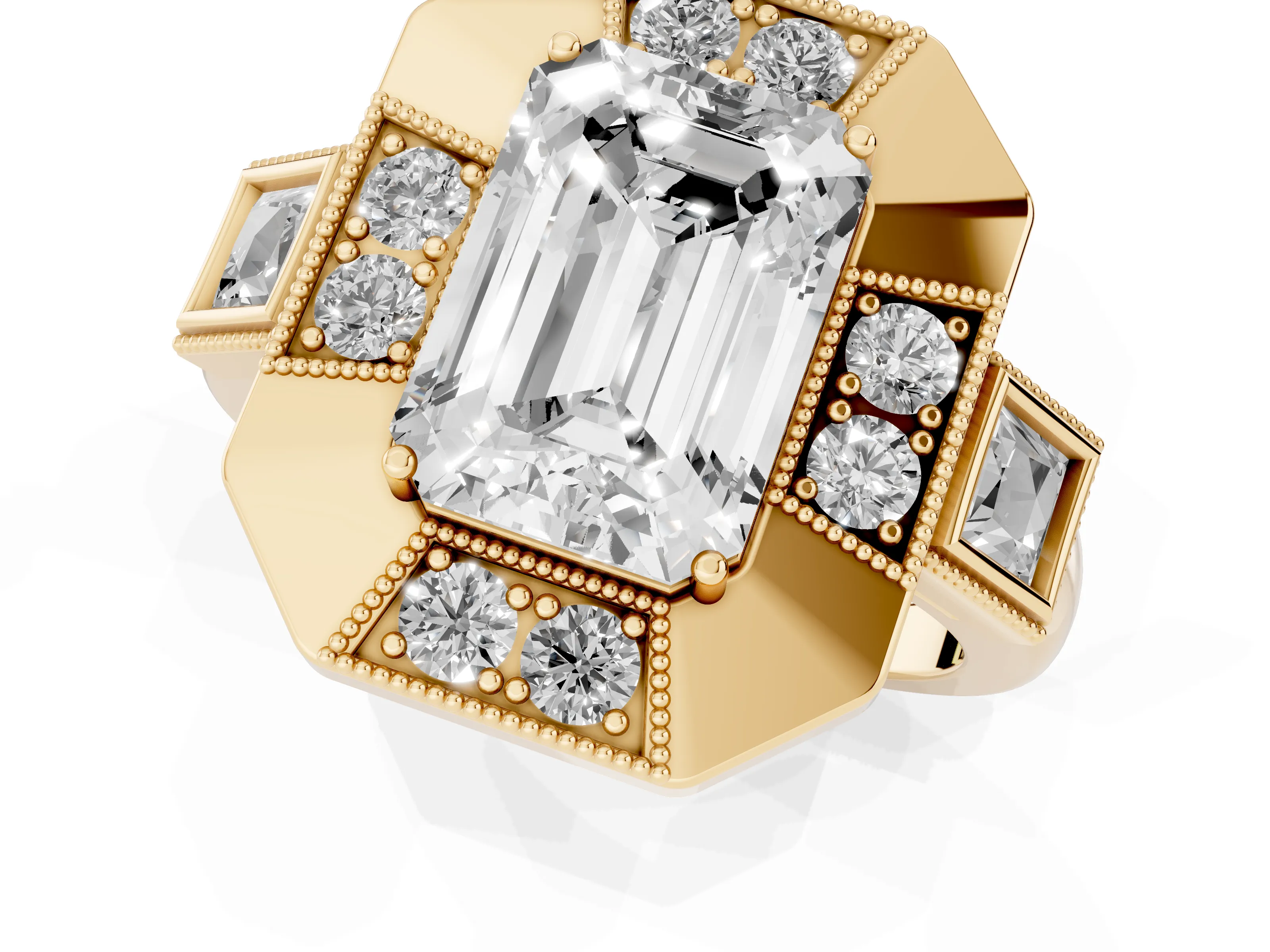Emerald Cut Diamond Milgrain Halo Ring Set in Yellow gold with Split Shank