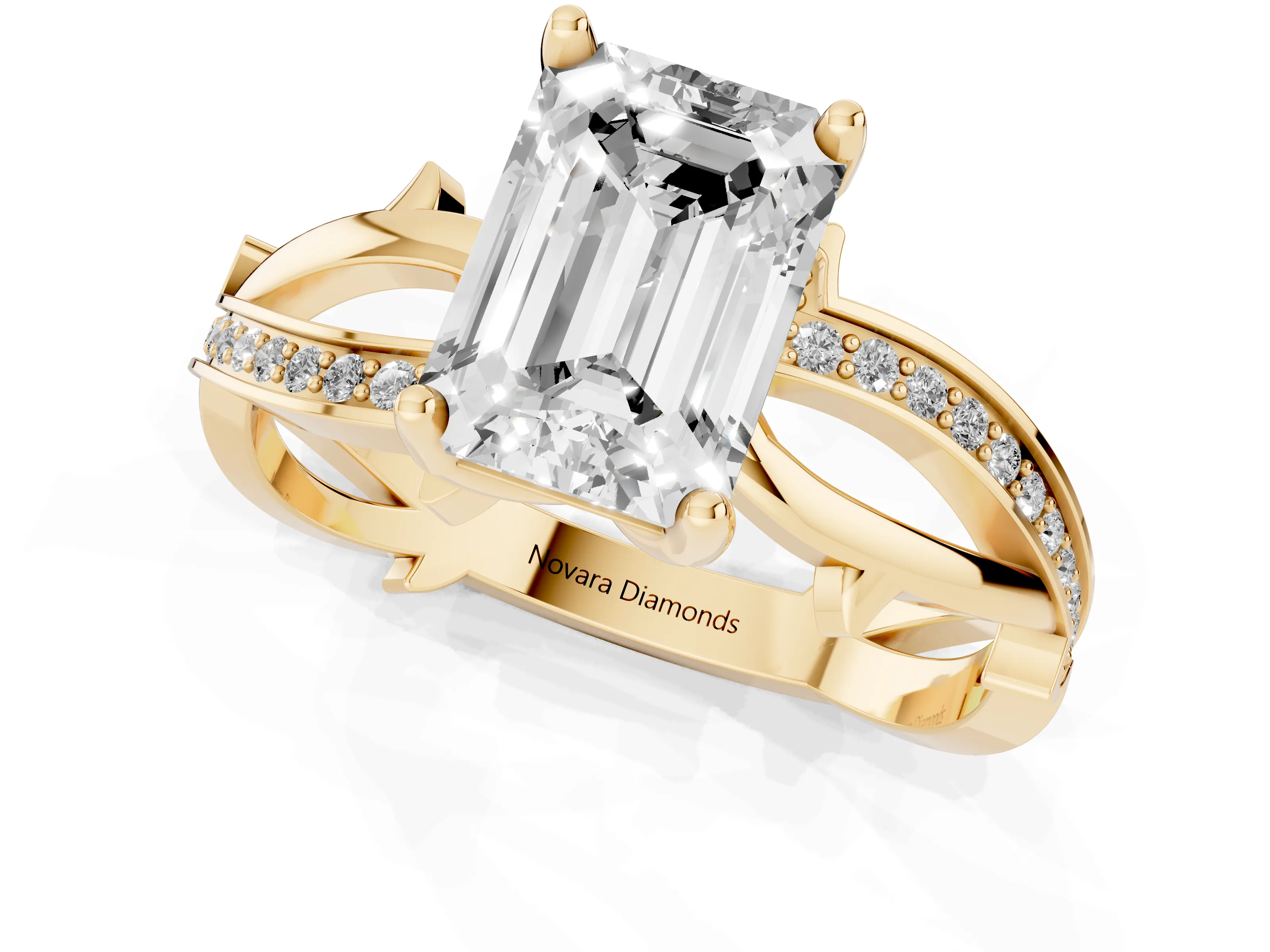 Emerald Cut Diamond Pavé Twist Band Solitaire Ring Set in Yellow gold with Prong Setting