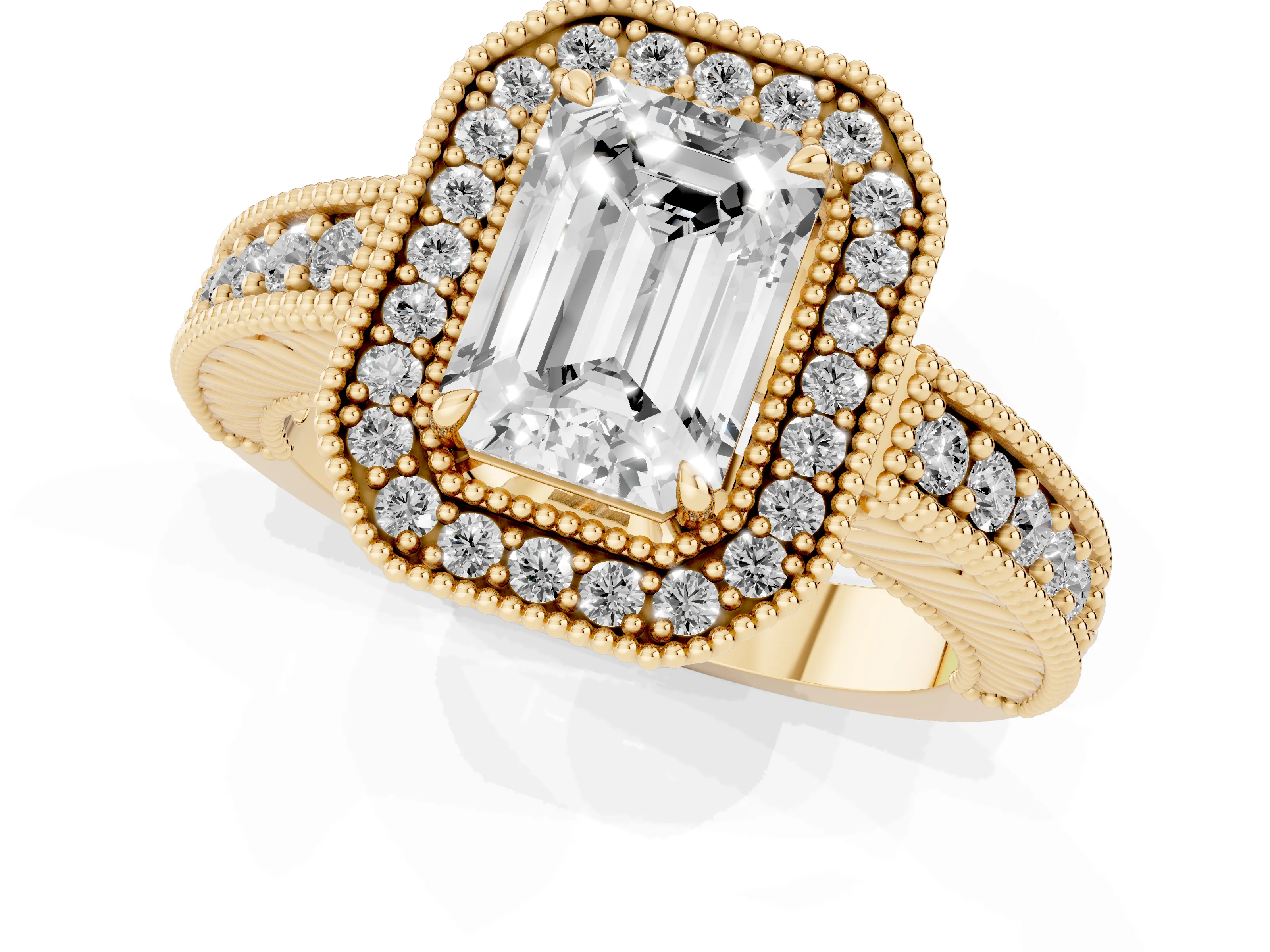 Emerald Cut Diamond Halo Ring Set in Yellow gold with Round Accent Halo, Pavé Band and Prong Setting