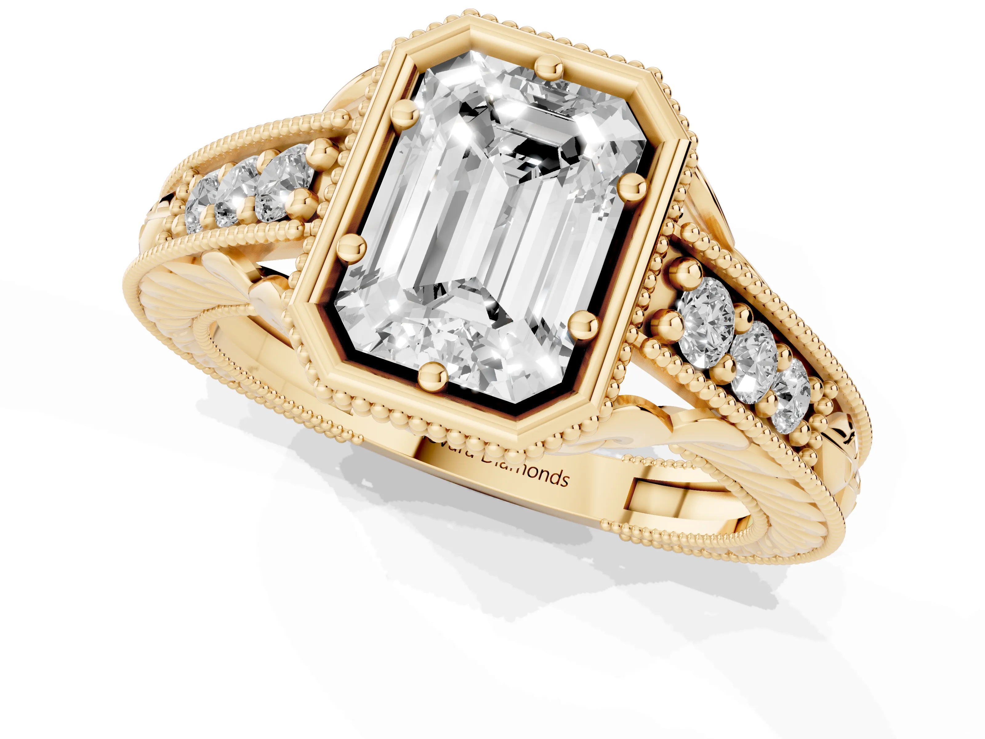 Bezel Set Emerald Cut Diamond Milgrain Pavé Engagement Ring Set in Yellow gold
