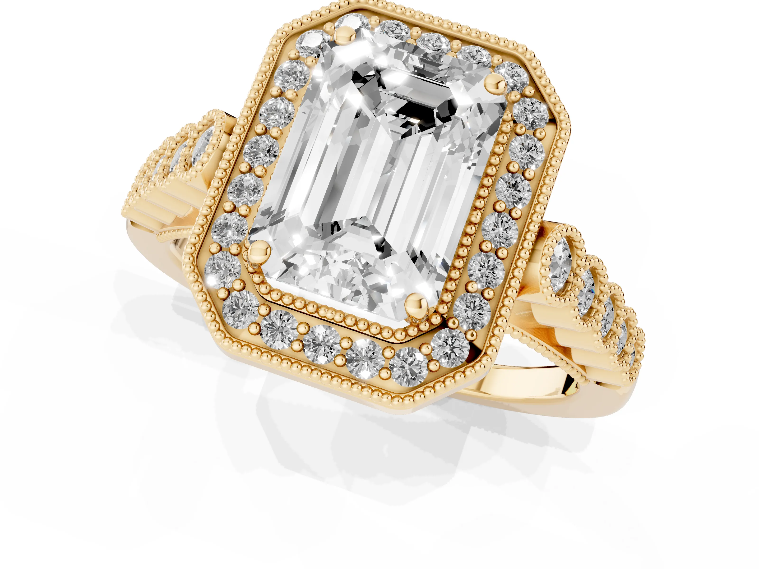 Emerald Cut Diamond Milgrain Halo Solitaire Ring Set in Yellow gold with Bezel Set Side Stones and Pavé Band