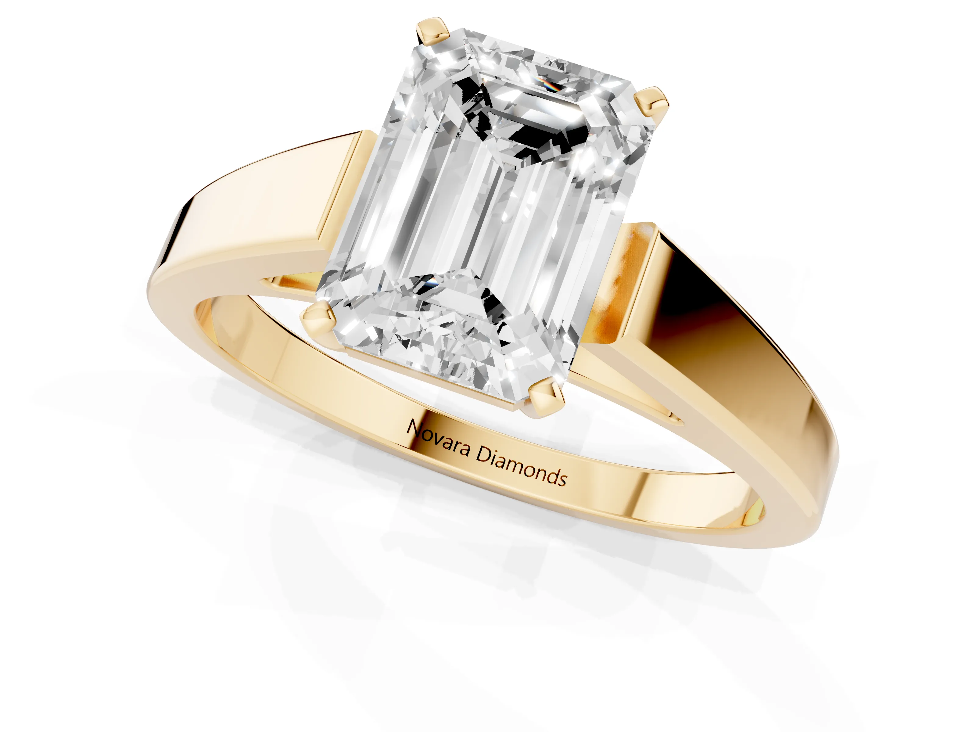 Emerald Cut Diamond Solitaire Engagement Ring Set in Yellow gold with Prong Setting and Tapered Band