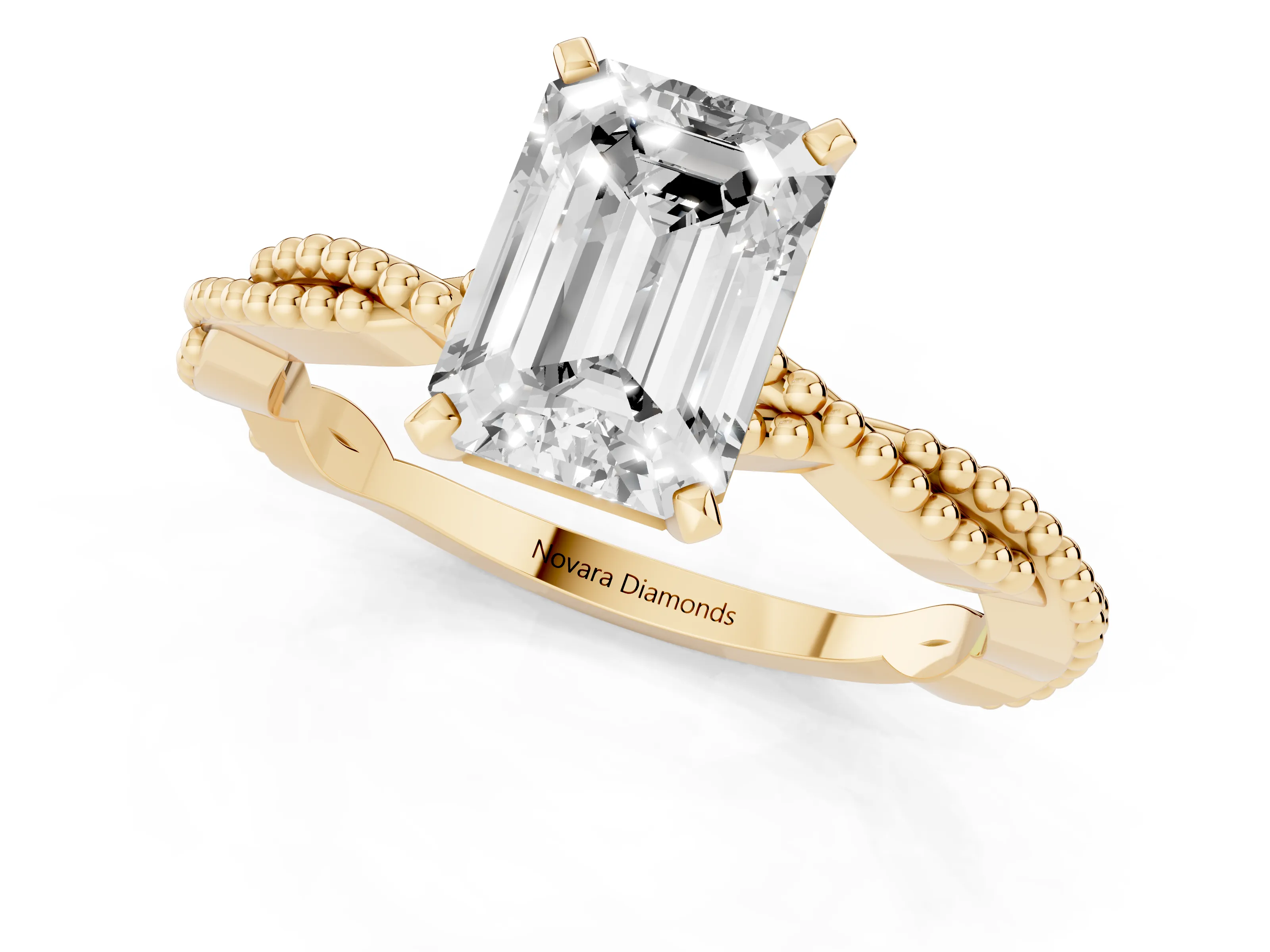 Emerald Cut Diamond Solitaire Ring Set in Yellow gold with Twisted Band and Bead Prong Setting