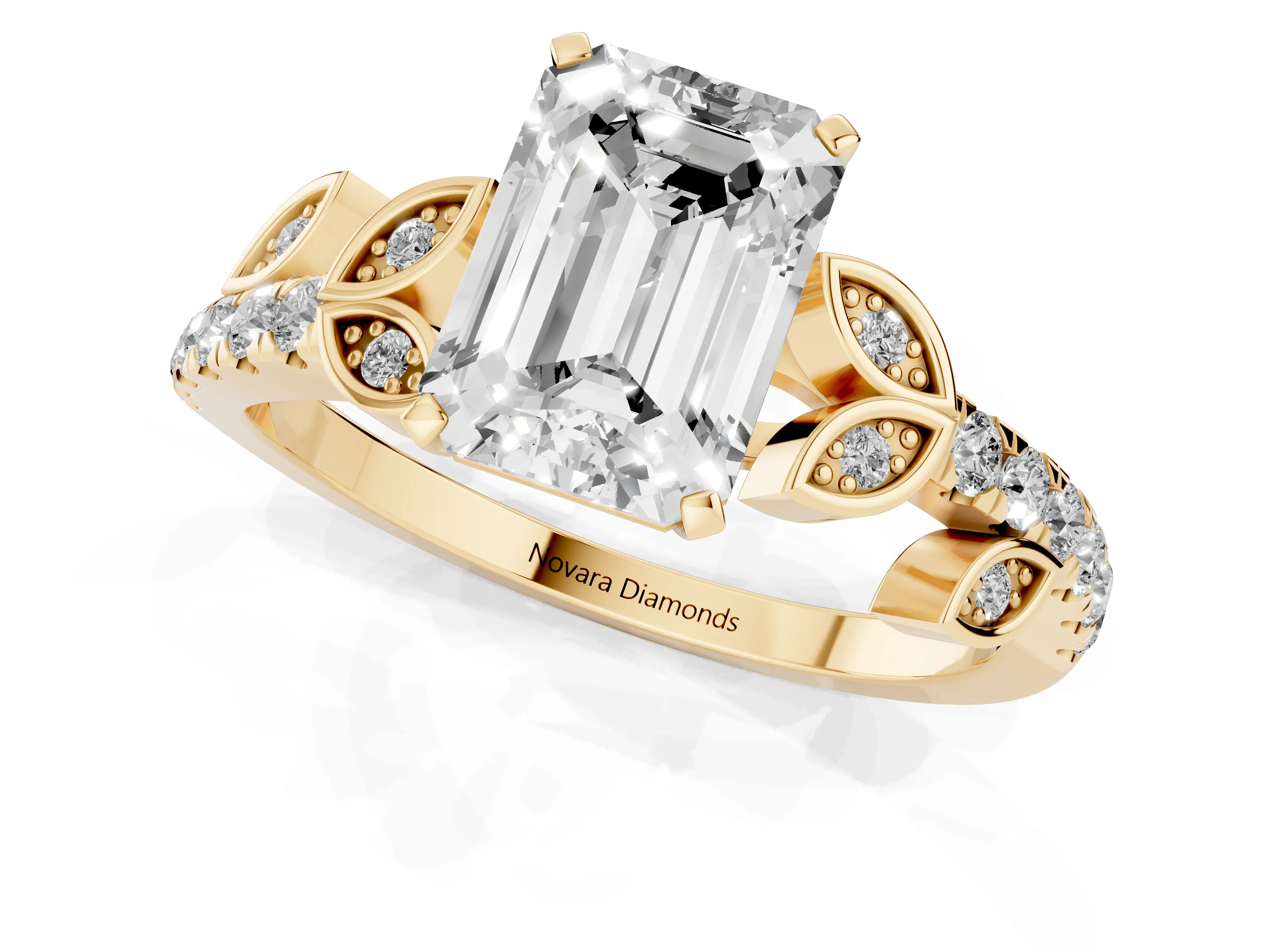 Emerald Cut Diamond Solitaire Leaf-Inspired Ring Set in Yellow gold with Pavé Band and Prong Setting