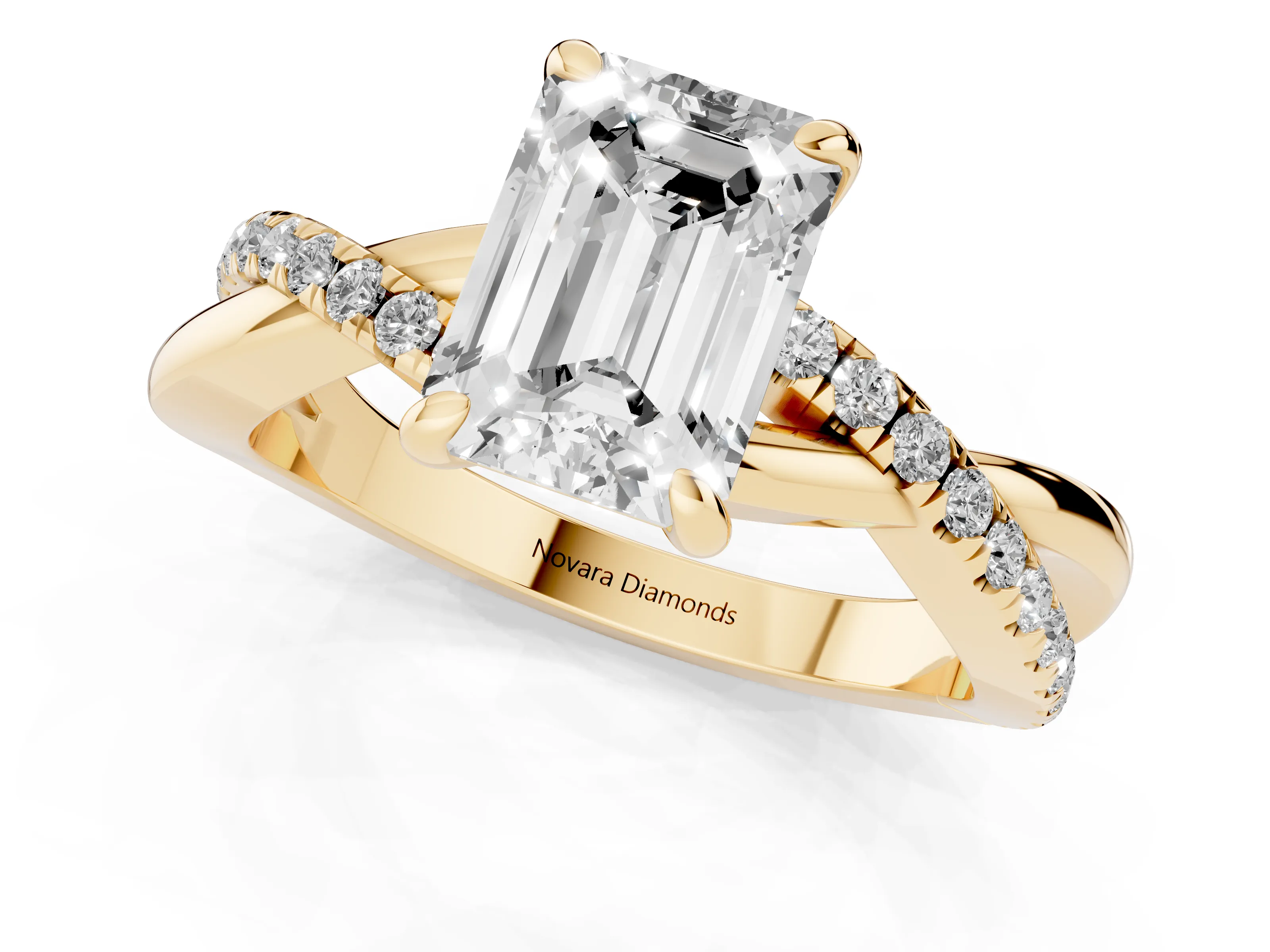 Emerald Cut Diamond Twist Band Solitaire Set in Yellow gold with Pavé Accents and Prong Setting