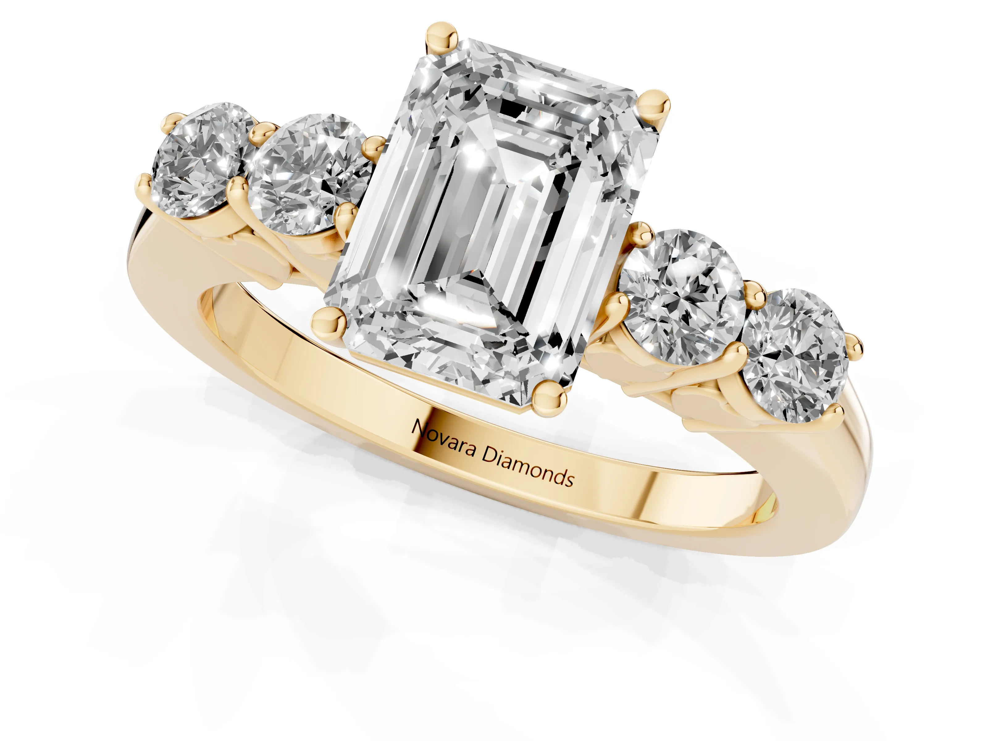 Emerald Cut Diamond Five-Stone Prong Set Band Ring Set in Yellow gold with Polished Band