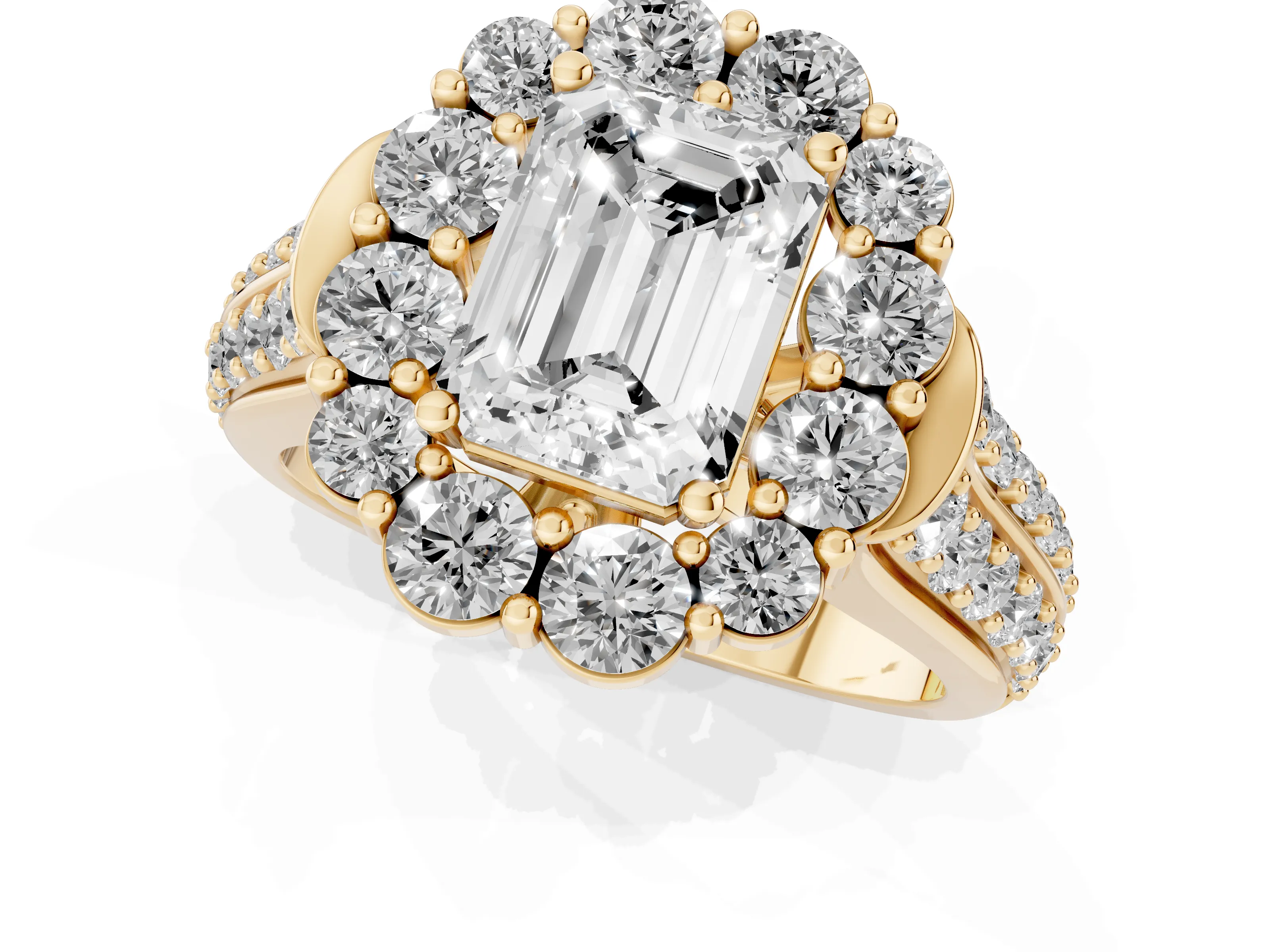 Emerald Cut Diamond Halo Engagement Ring Set in Yellow gold with Split Shank and Prong Setting