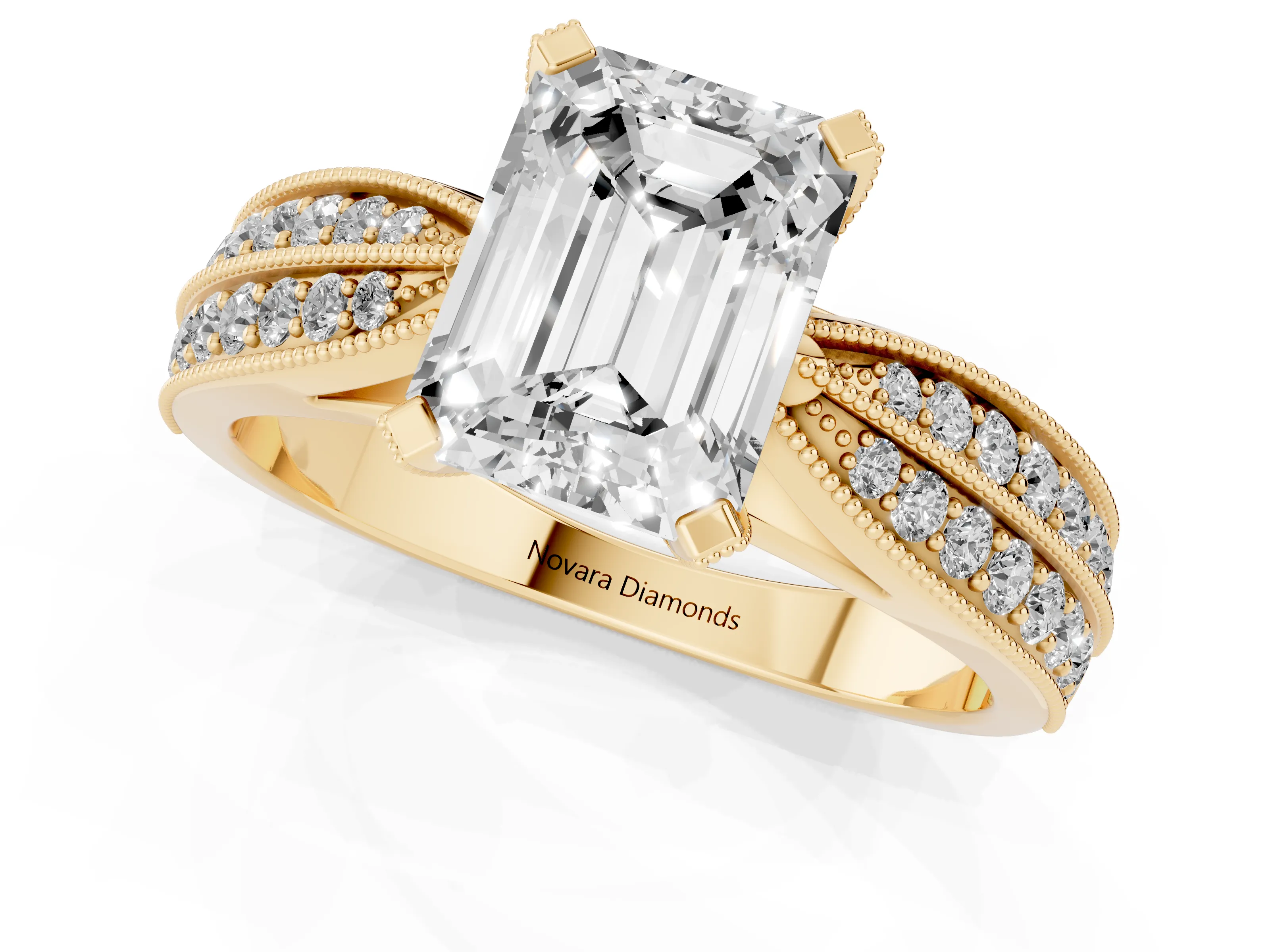Emerald Cut Diamond Solitaire Ring Set in Yellow gold with Milgrain Double Row Round Pavé Band