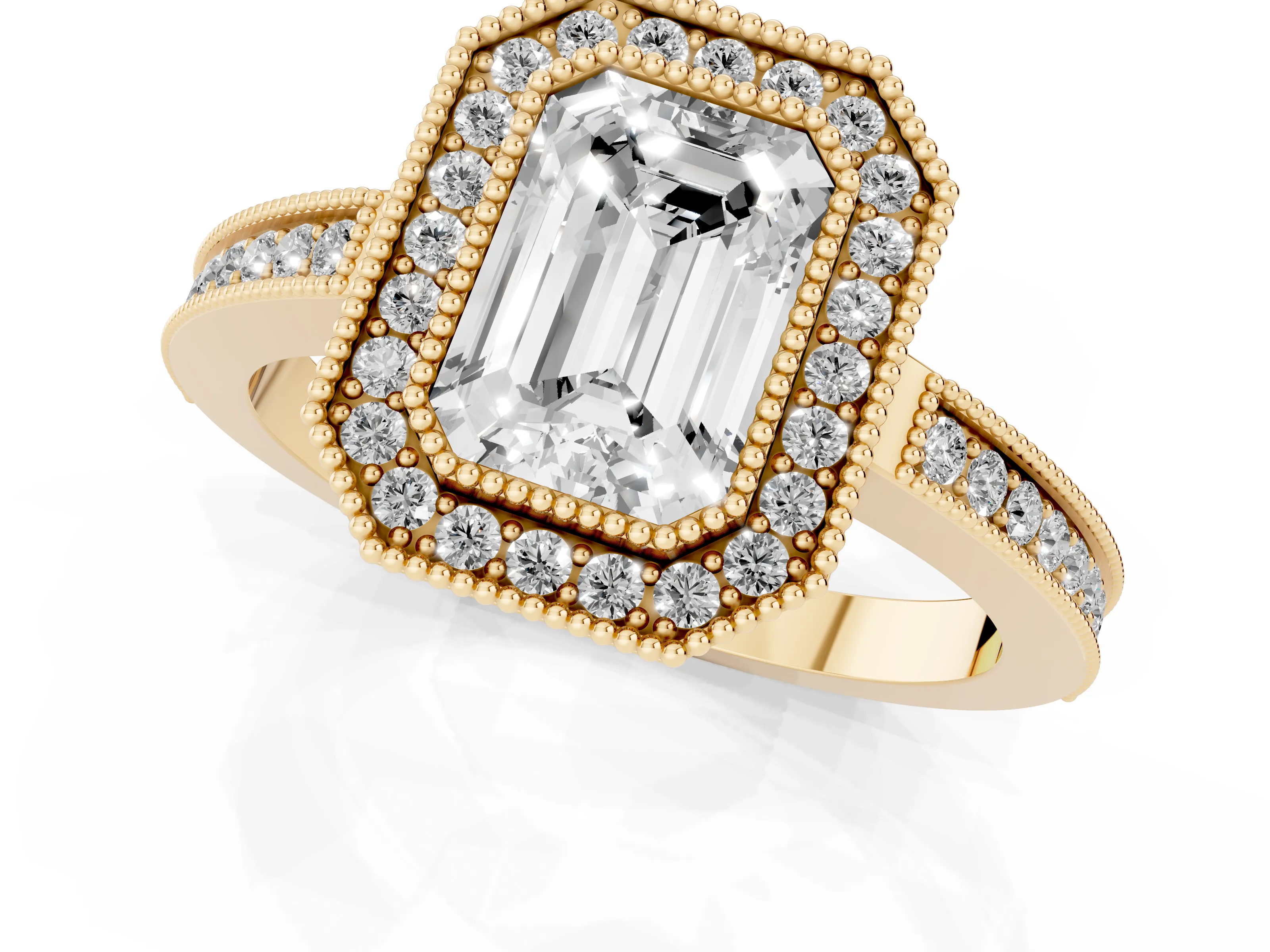 Emerald Cut Diamond Halo Ring Set in Yellow gold with Pavé Band and Milgrain-Edged Prongs