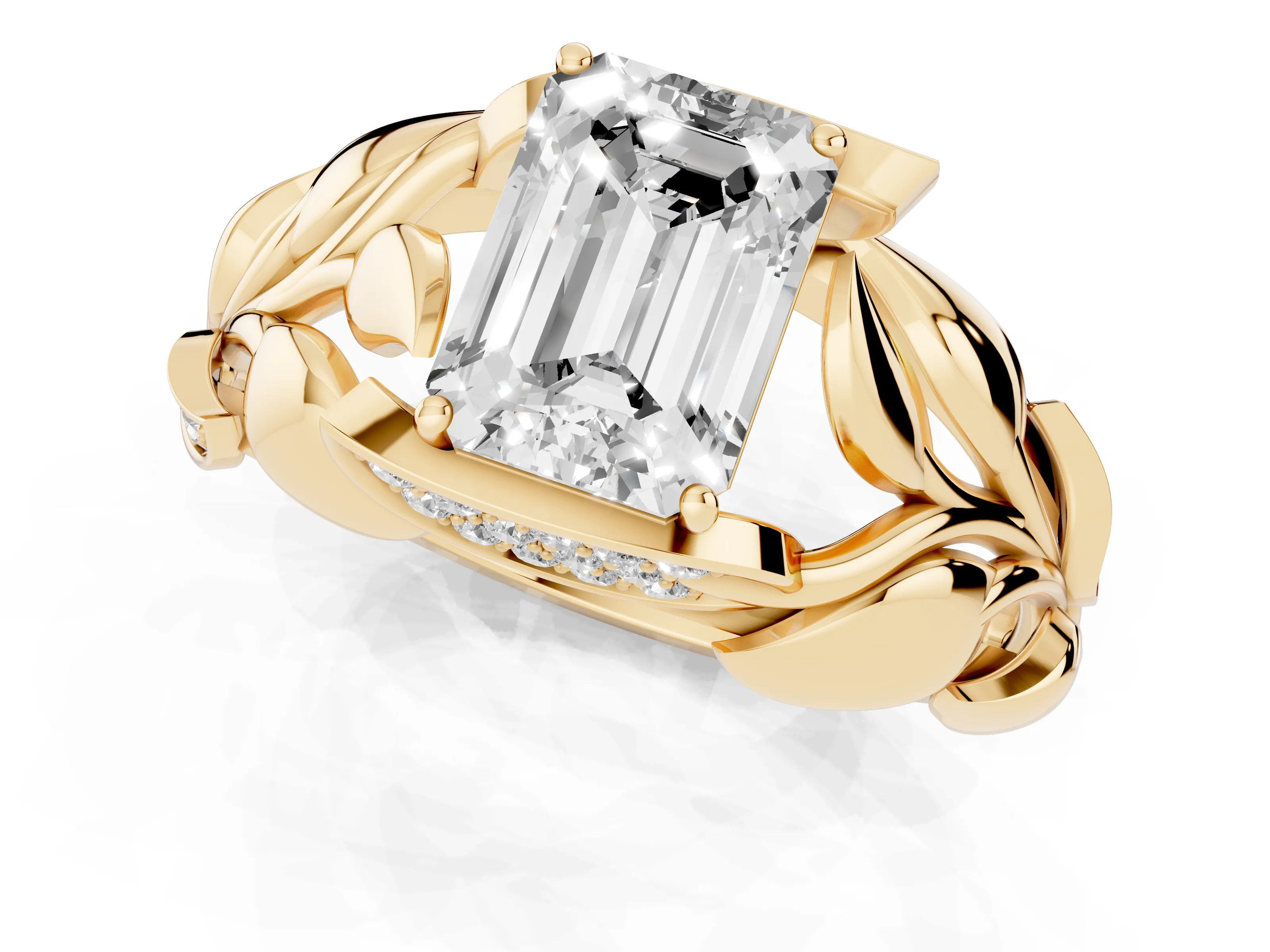 Emerald Cut Diamond Leaf-Inspired Engagement Ring Set in Yellow gold with Round Accents