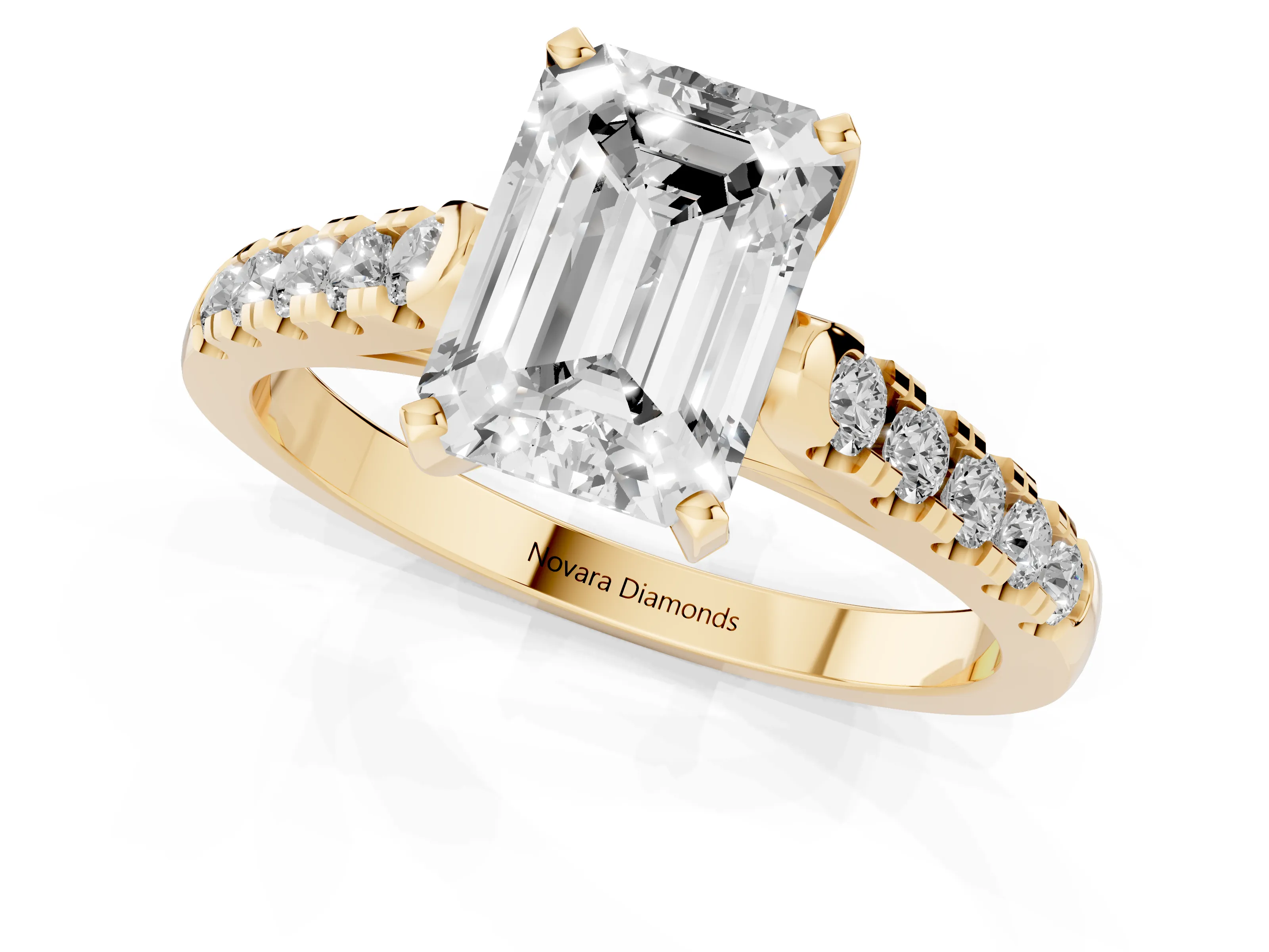 Emerald Cut Diamond Pavé Band Solitaire Ring Set in Yellow gold with Partway Accent Stones and Prong Setting