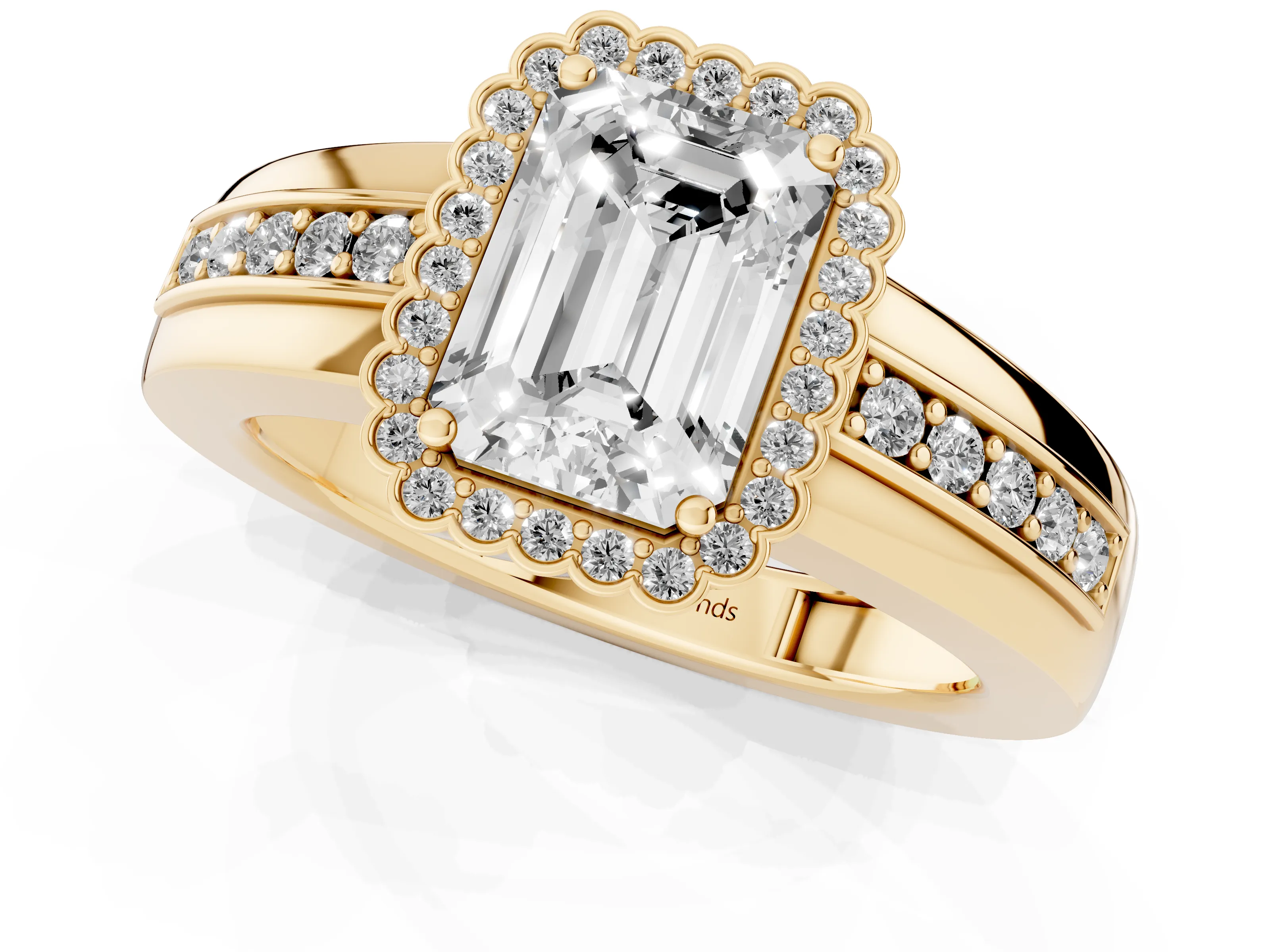 Emerald Cut Diamond Halo Prong Ring Set in Yellow gold with Pavé Band